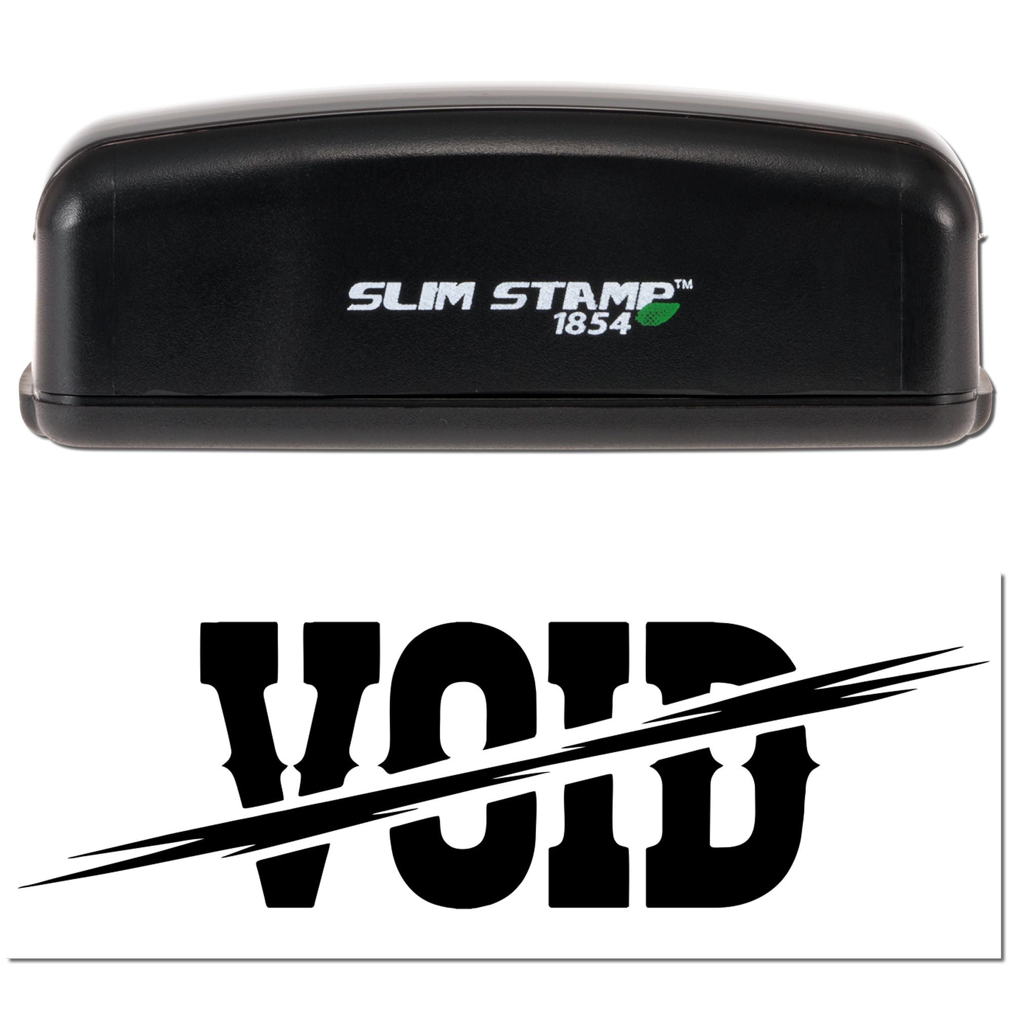 Black Slim Stamp 1854 self-inking rubber stamp and VOID imprint for document marking.