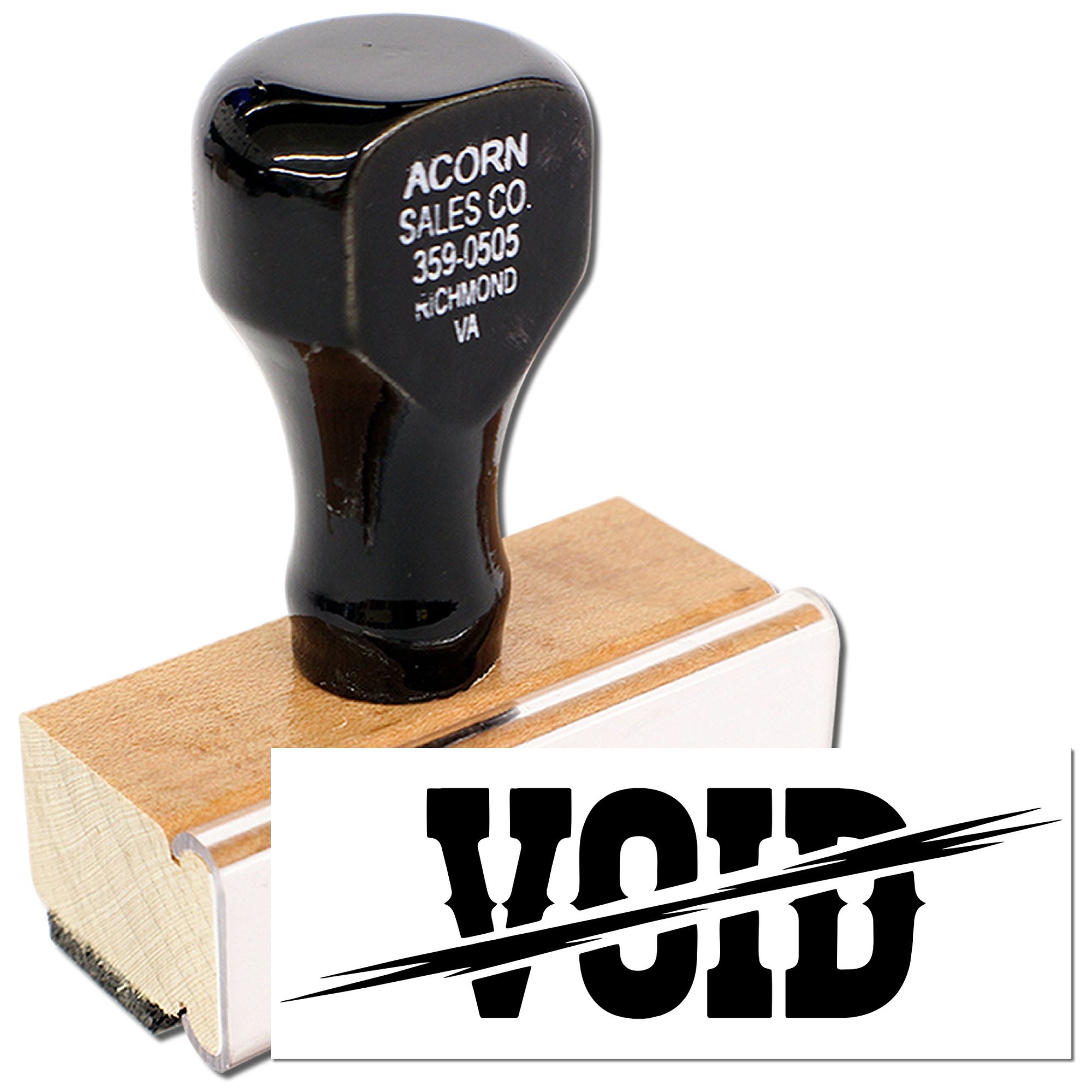 Wood handle rubber stamp with VOID imprint for marking documents, invoices, and forms invalid.
