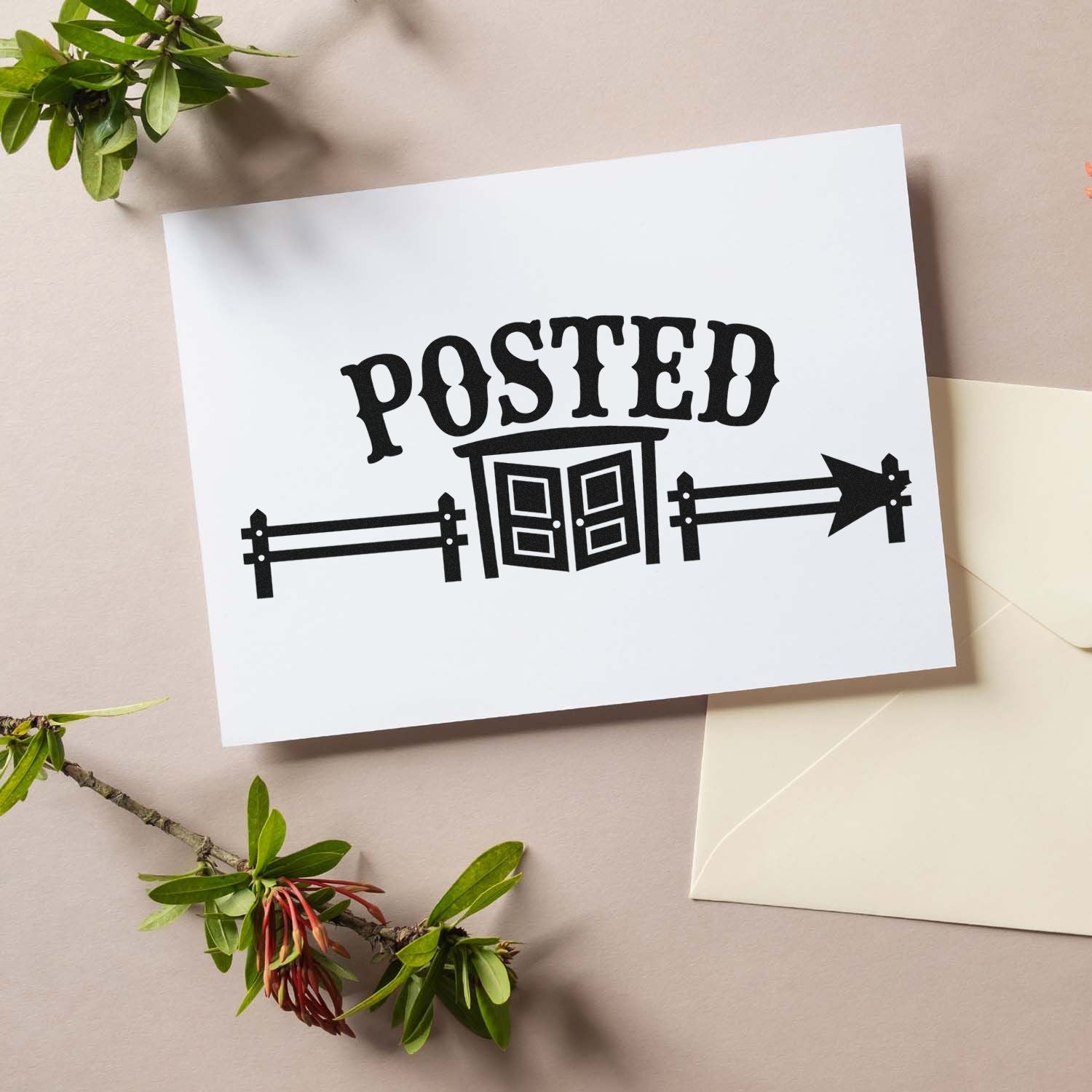 Posted rubber stamp design with bold lettering and mailbox graphic for handmade mail, packaging, and craft branding.