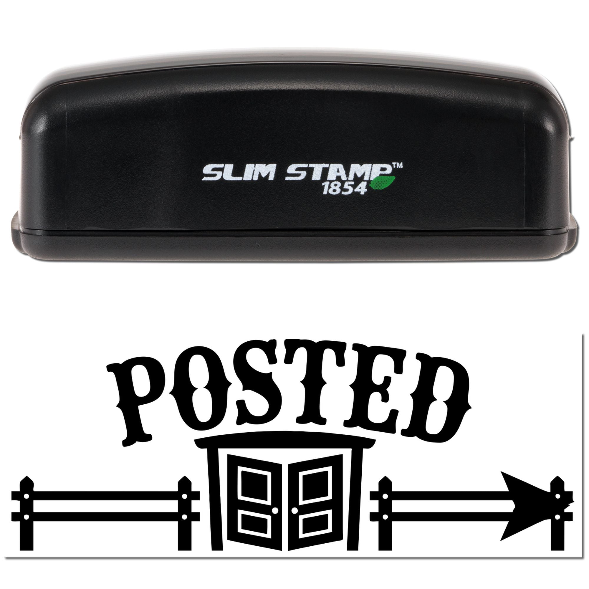 Slim Stamp 1854 custom rubber stamp with Posted sign design, fence, and arrow for property or no-trespassing notices.