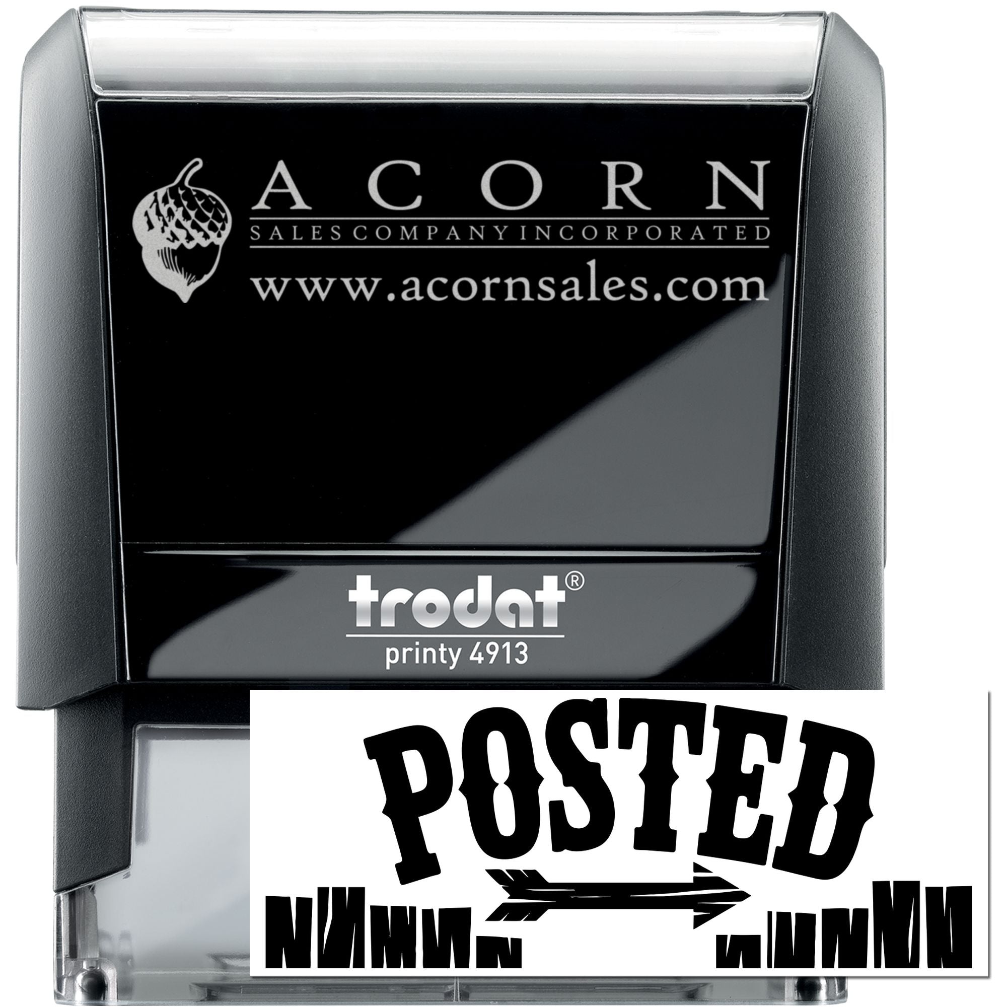 Custom Trodat self-inking rubber stamp with Acorn Sales Company logo and POSTED imprint for business mailings.