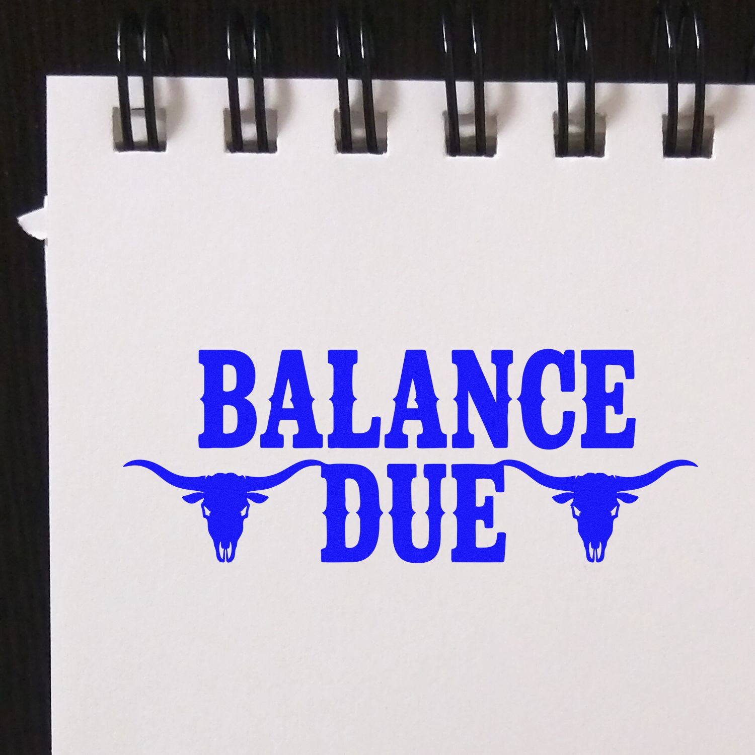 Balance Due rubber stamp design with blue cow skull accents for invoices and bookkeeping
