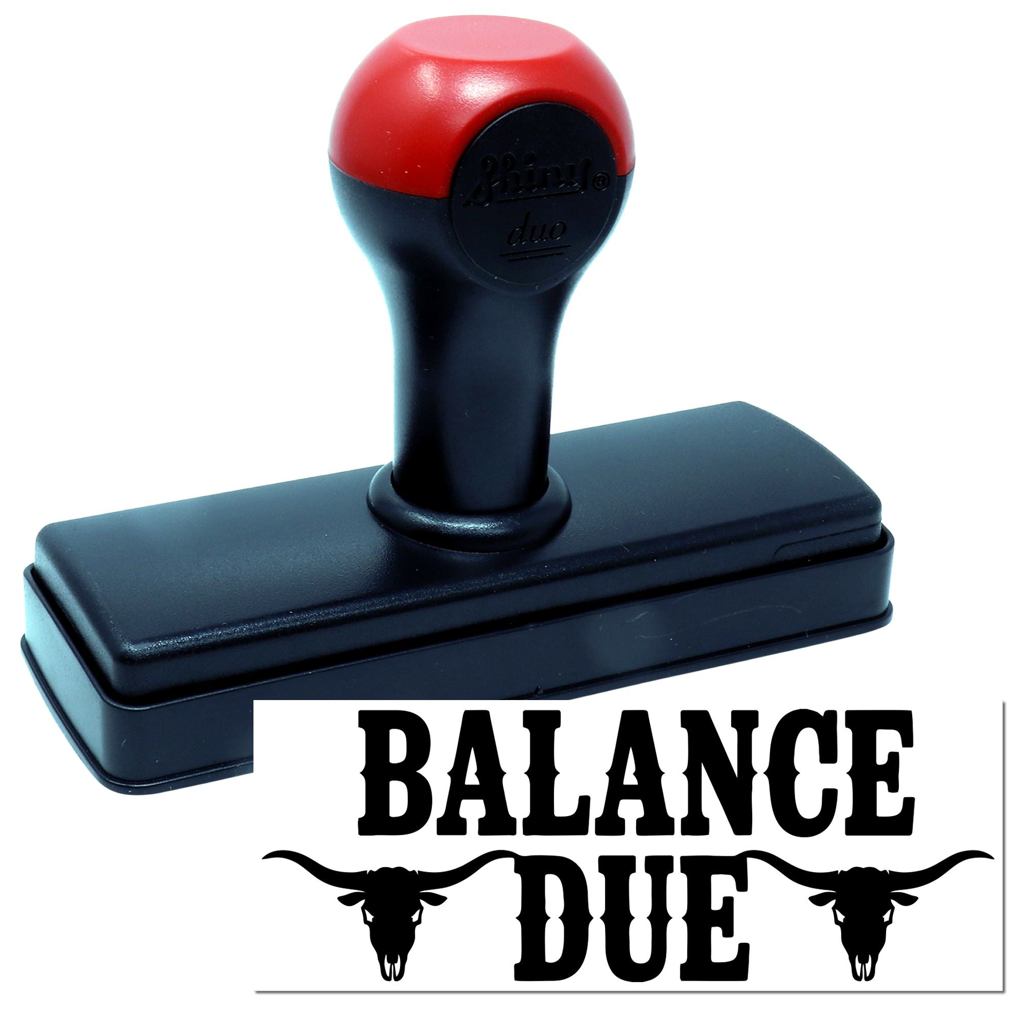 Self-inking rubber stamp with Balance Due imprint for invoices, billing, and accounting reminders.