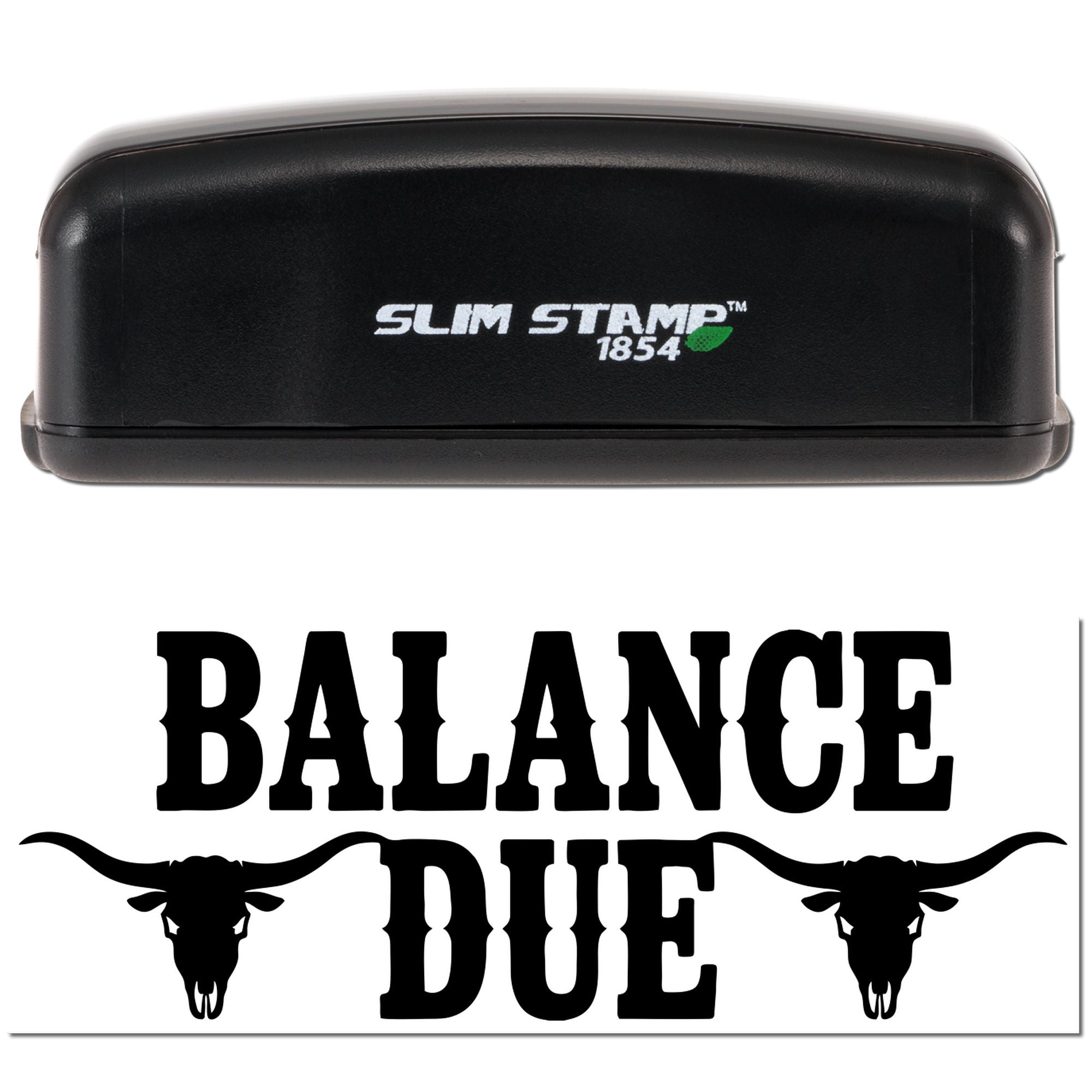Balance Due rubber stamp with western bull skulls for invoices, billing reminders, and overdue payment notices.