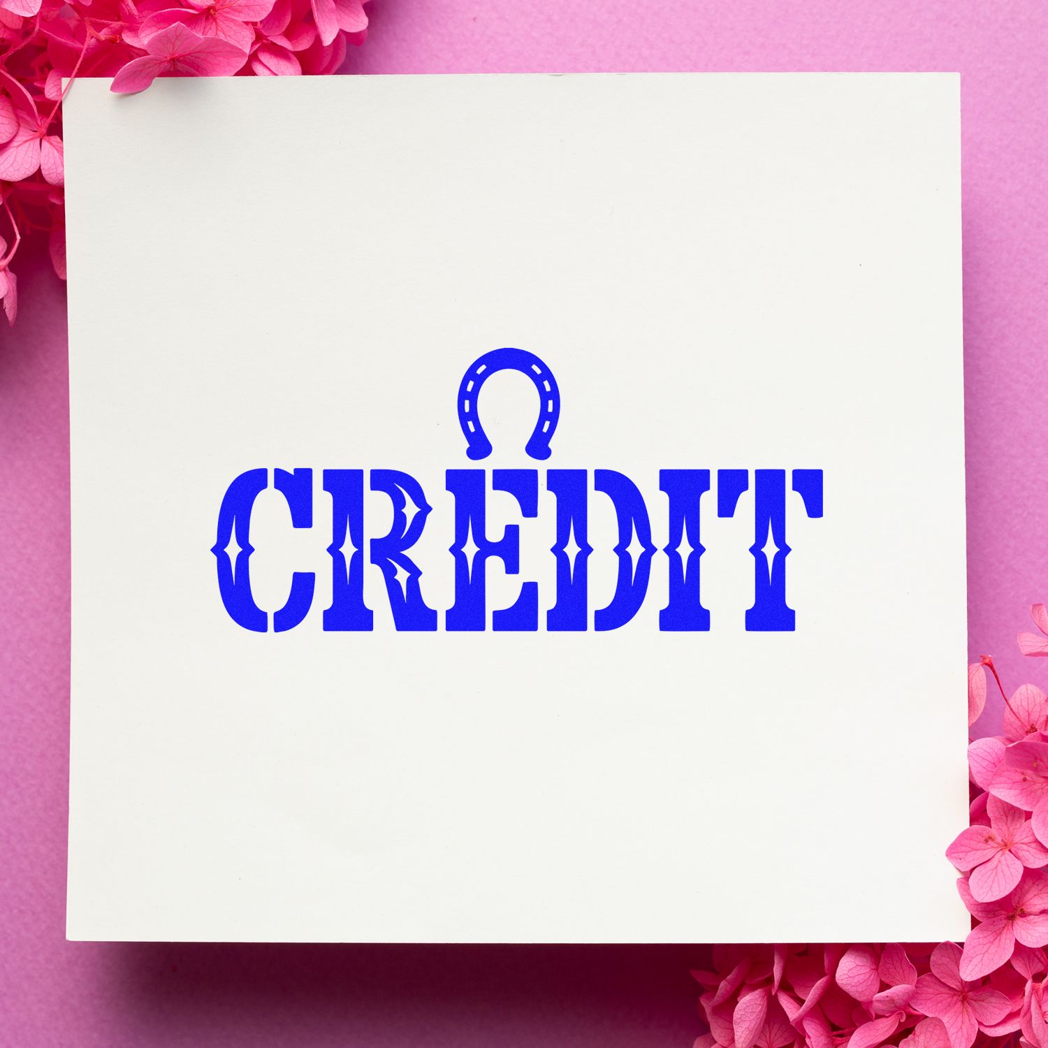 Blue CREDIT rubber stamp design with horseshoe icon, ideal for equestrian, Western, or farm-themed labeling.