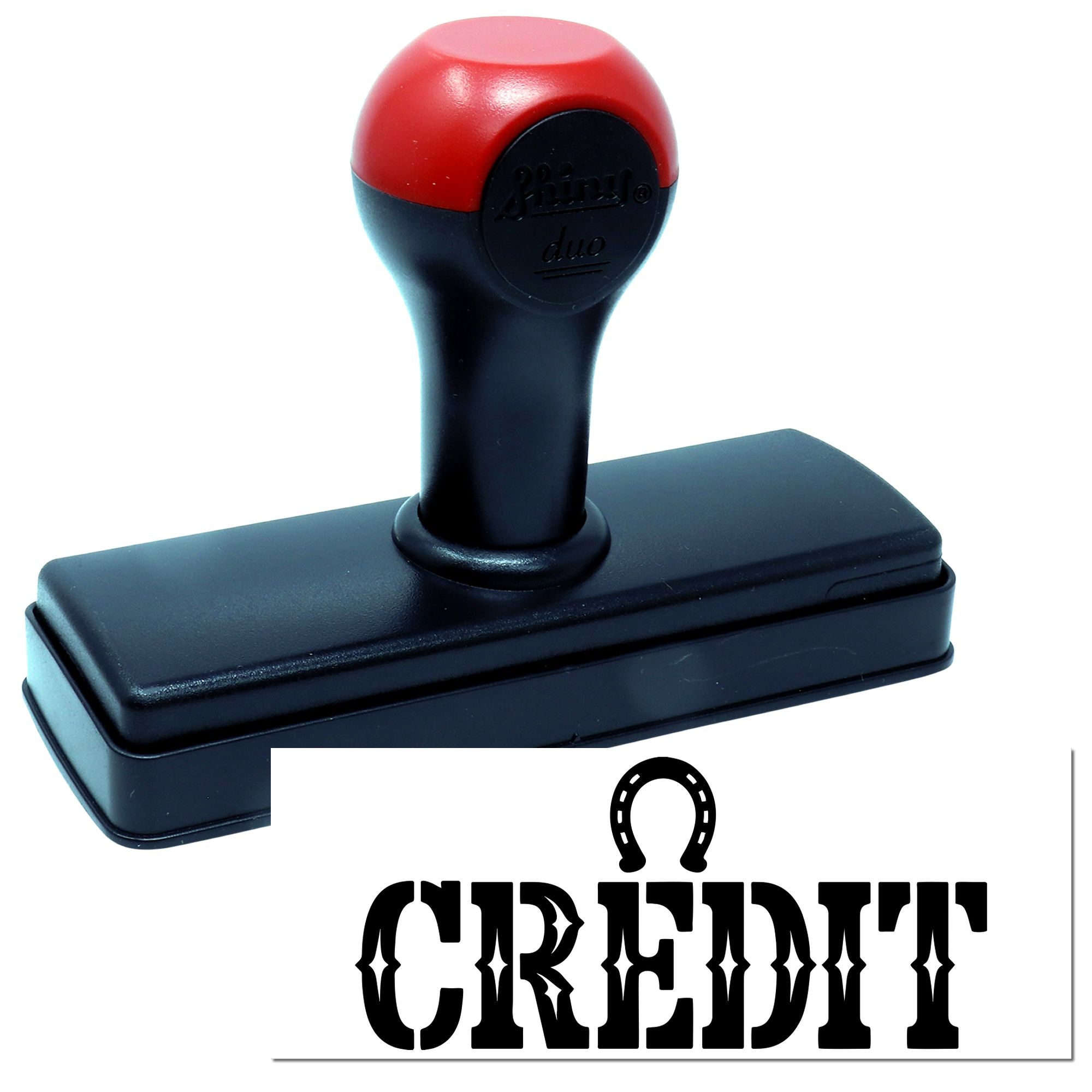 Custom self-inking rubber stamp with CREDIT design and horseshoe icon for equestrian labeling.
