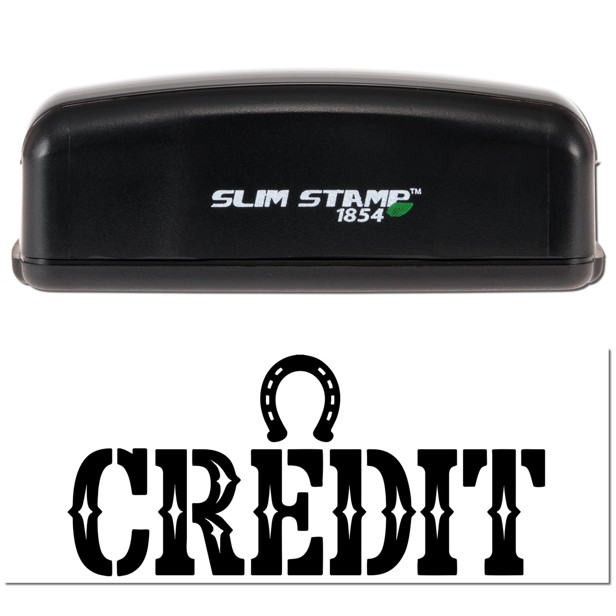 Slim Stamp 1854 self-inking rubber stamp with custom CREDIT imprint and horseshoe icon.