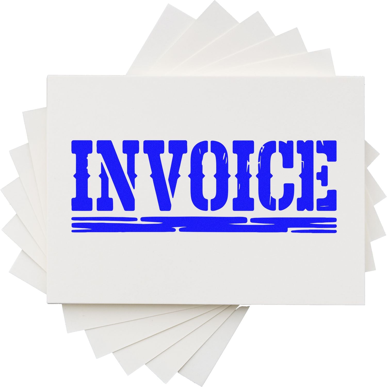 Blue INVOICE rubber stamp on stacked white paper, ideal for billing and accounting document marking.