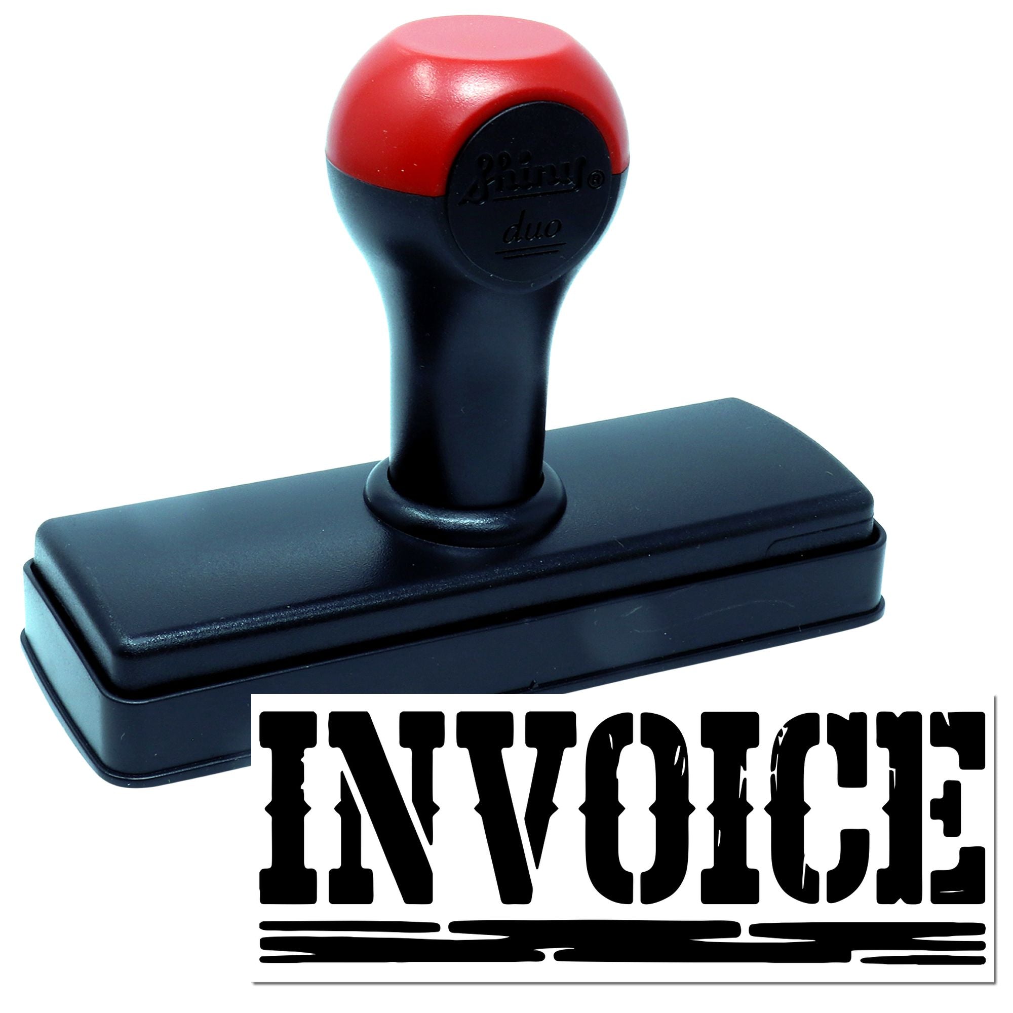 Self-inking invoice rubber stamp with bold invoice imprint for office paperwork and billing.