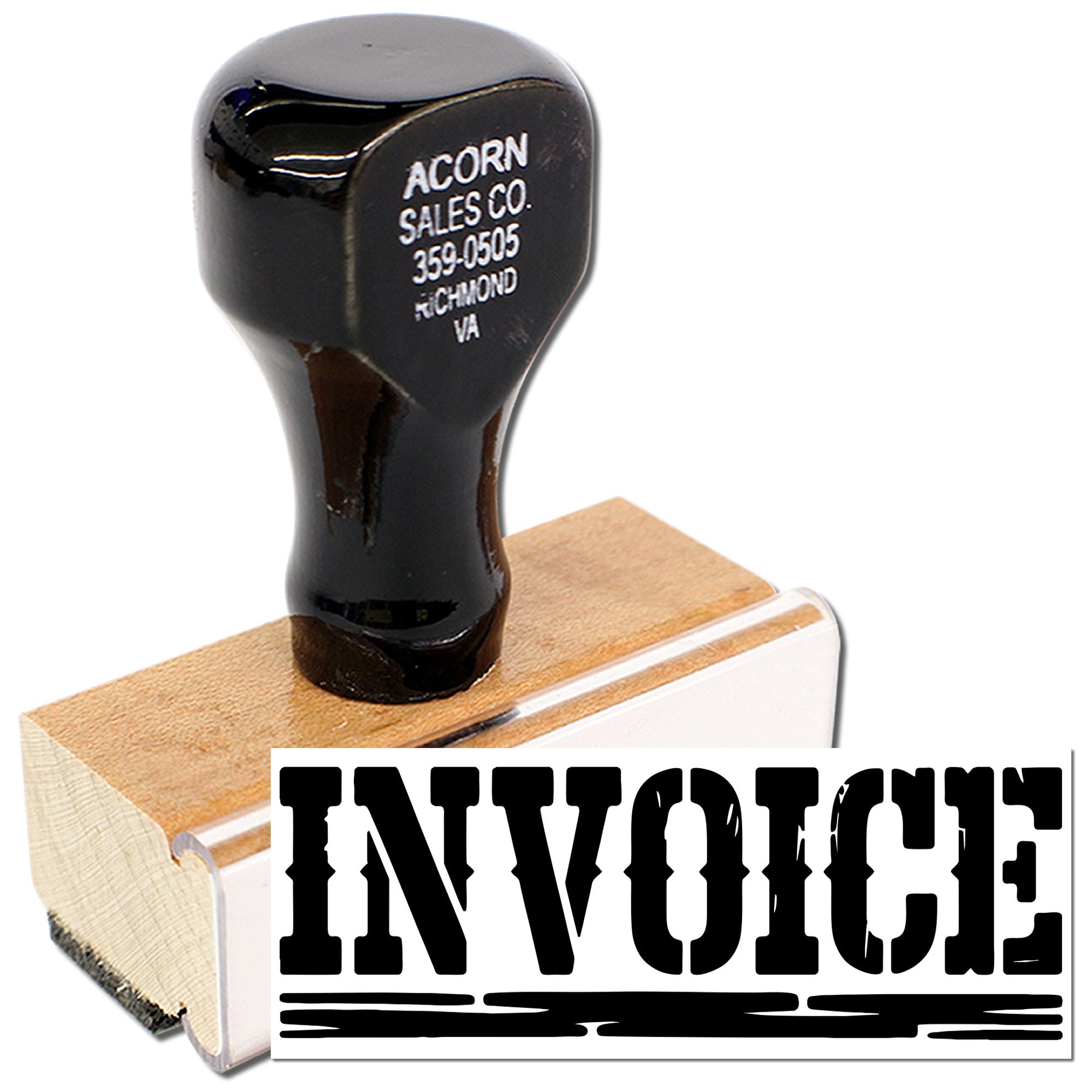 Custom invoice rubber stamp with wooden handle for office billing, bookkeeping, and business document labeling.