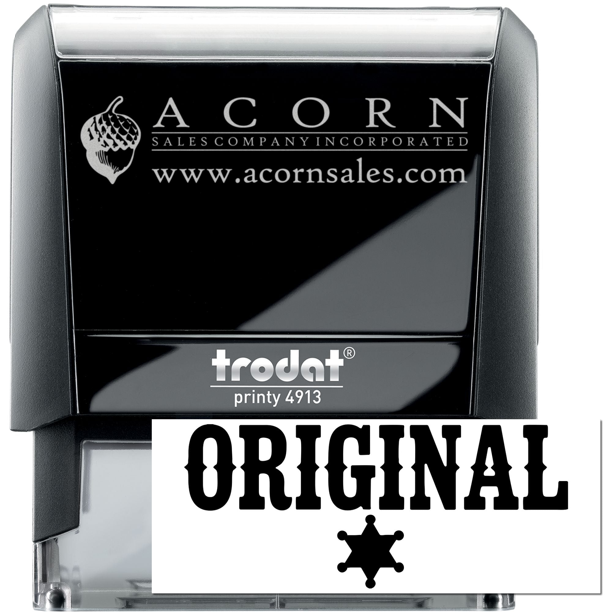 Custom Trodat Printy 4913 self-inking rubber stamp with Acorn Sales logo, website, and ORIGINAL imprint.
