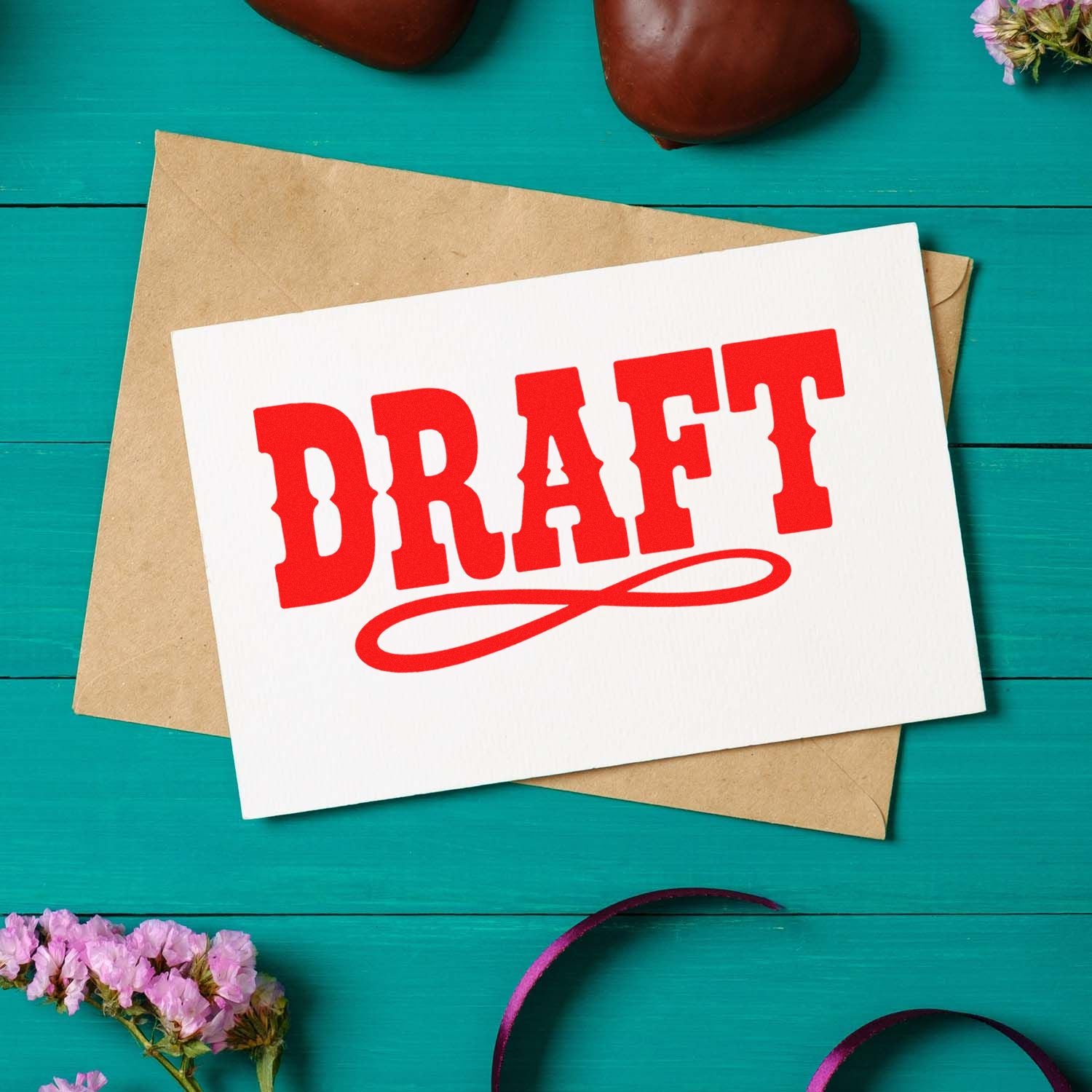 Red DRAFT rubber stamp on envelope, perfect for marking documents, proofs, and office paperwork.