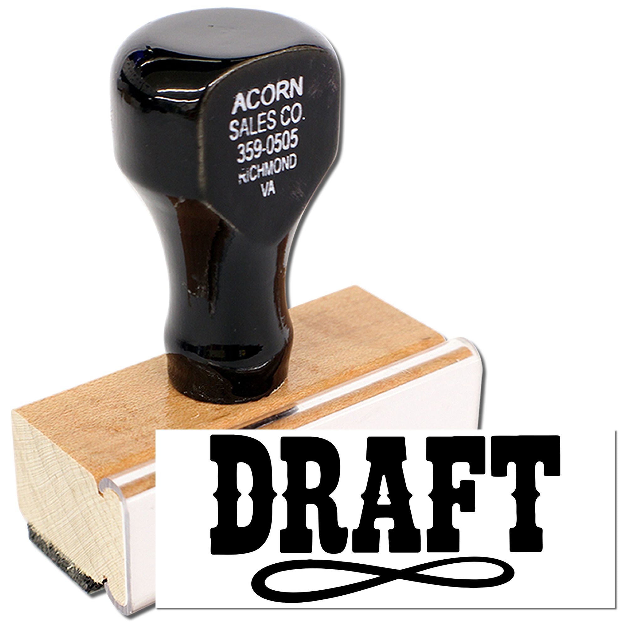 Custom draft rubber stamp with wooden handle, ideal for marking documents as draft in office and business workflows.