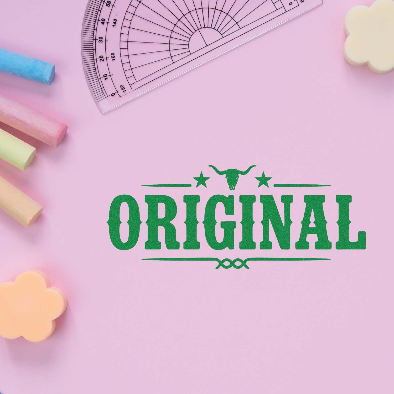 Original rubber stamp design with green vintage lettering, perfect for custom craft, school, and office stamping.