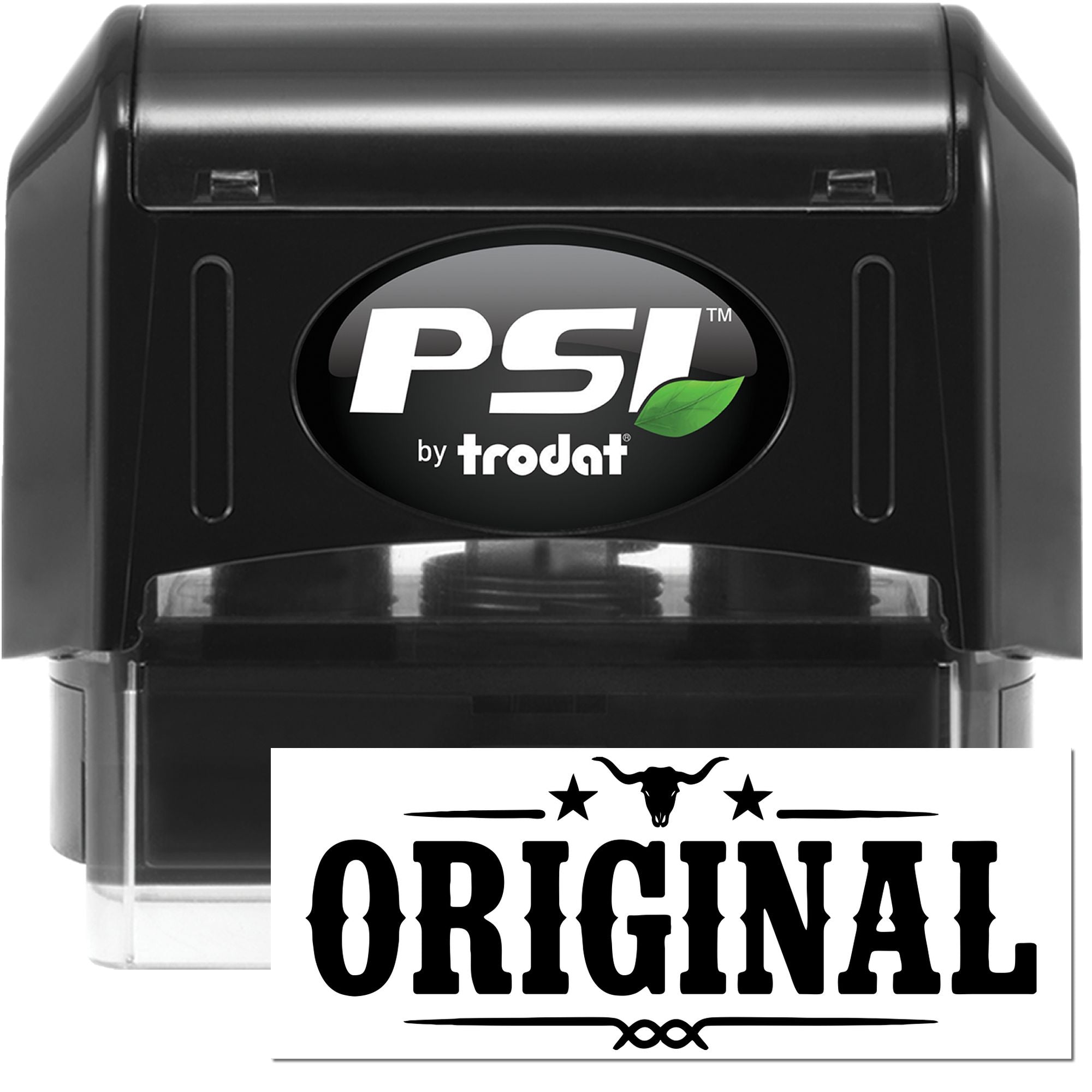 PSI by Trodat self-inking rubber stamp with custom Original western-style imprint for documents, branding, and office use.