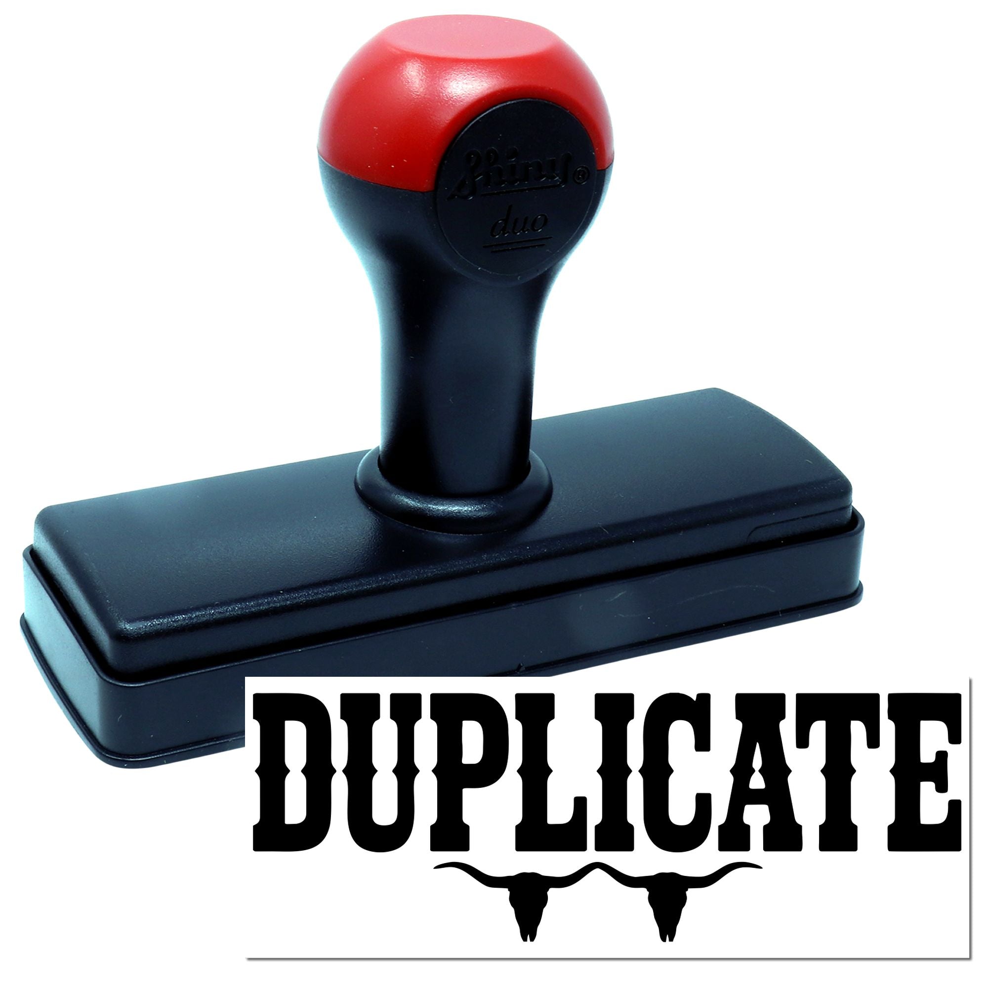 Duplicate self-inking rubber stamp with bold DUPLICATE impression for office document labeling