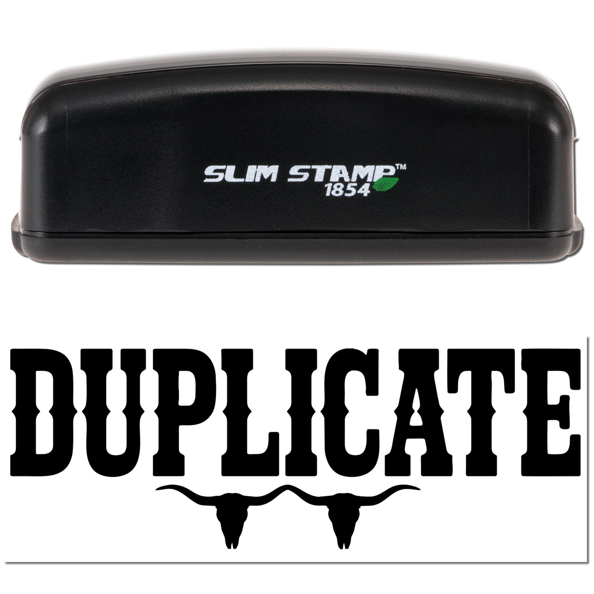 Slim Stamp 1854 duplicate rubber stamp with black self-inking case for marking duplicate documents.