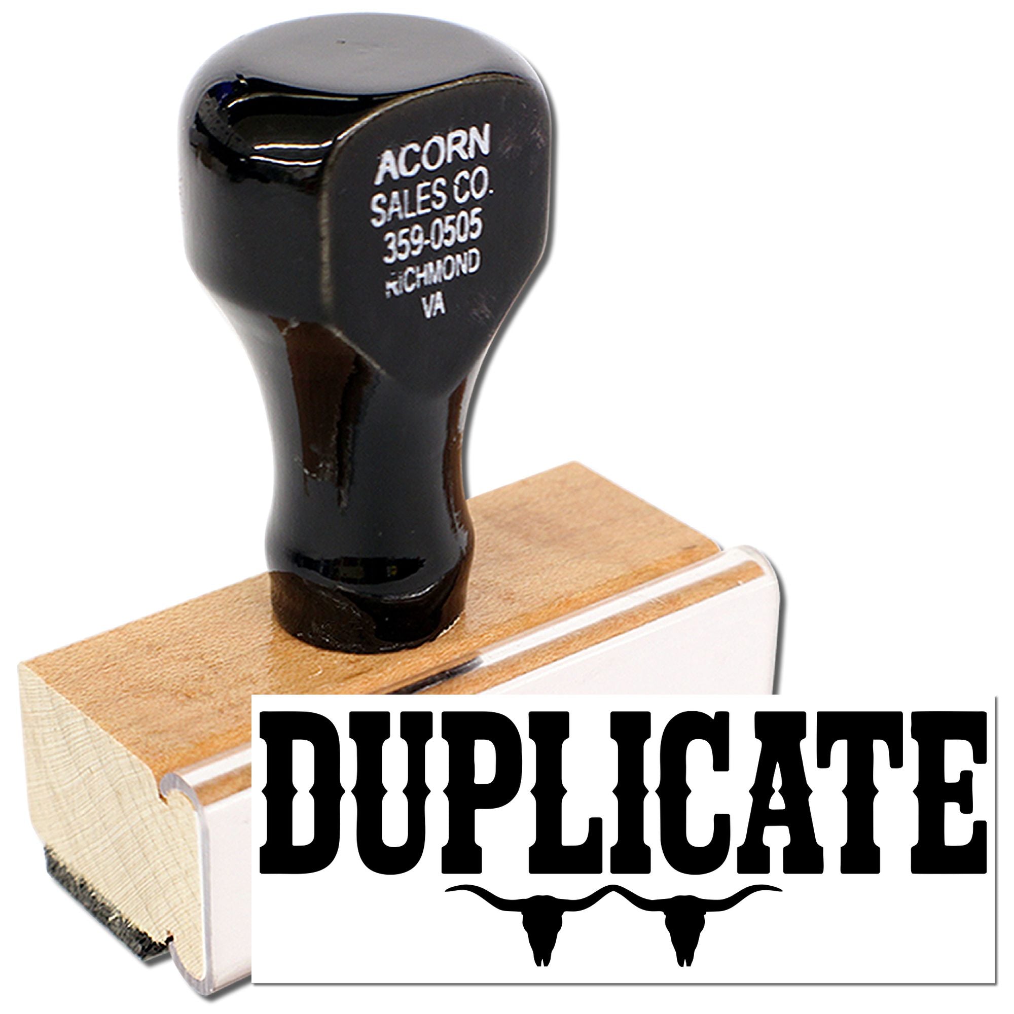 Duplicate rubber stamp with longhorn design for marking office copies and business paperwork.