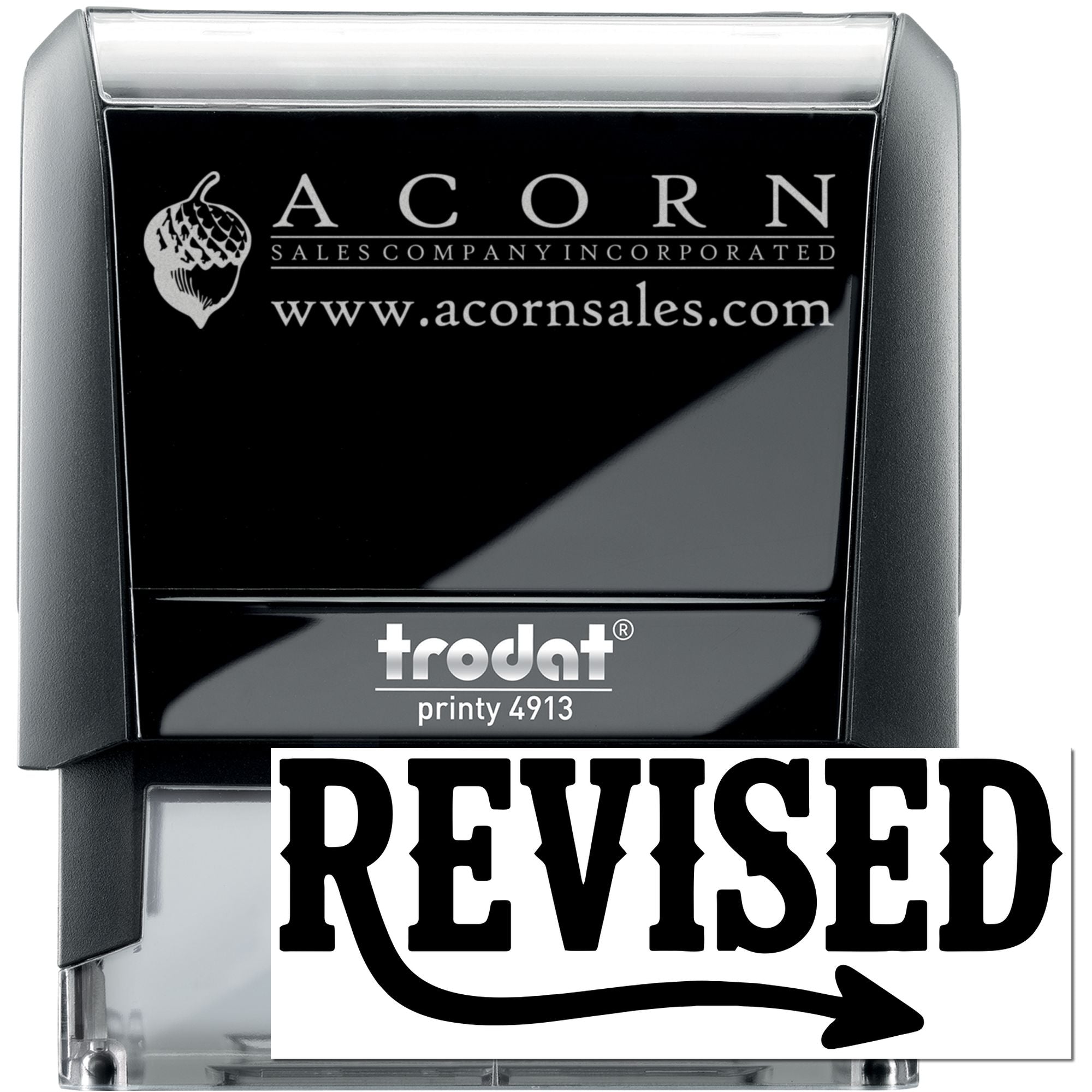 Custom self-inking rubber stamp with revised mark and Acorn Sales Company logo, Trodat Printy 4913.