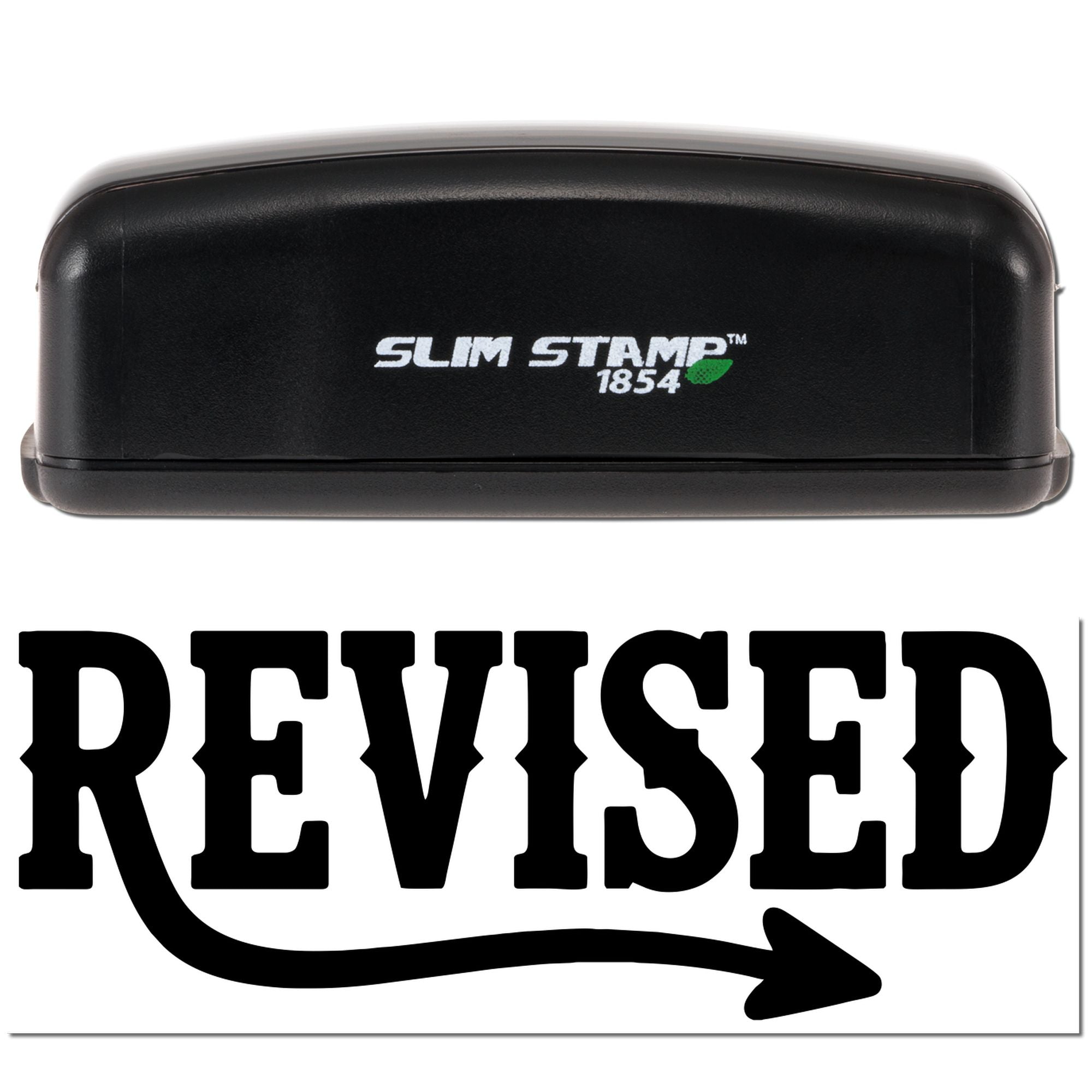 Slim Stamp 1854 self-inking rubber stamp with REVISED imprint and arrow, ideal for marking documents as updated or edited.