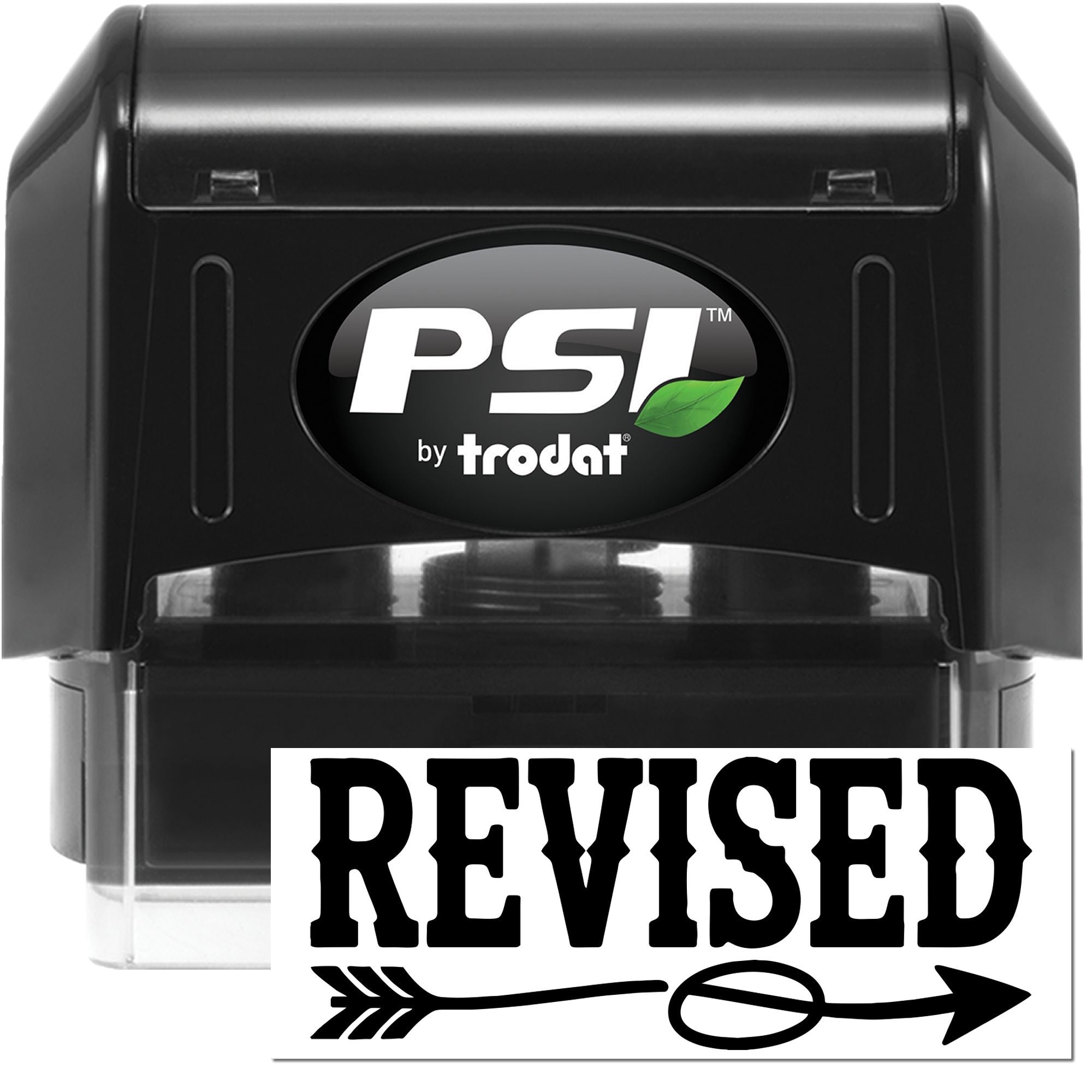 PSI by Trodat self-inking rubber stamp with Revised imprint, ideal for document review and office approval.
