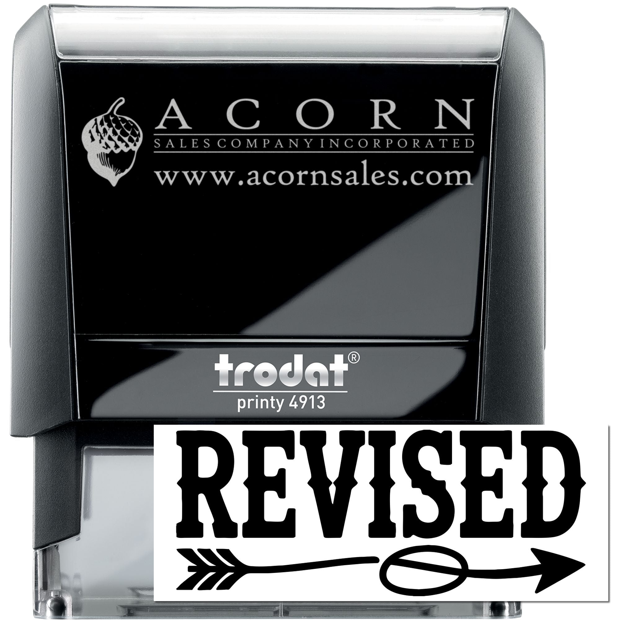 Custom self-inking rubber stamp, Trodat Printy 4913, with Acorn Sales Company logo and REVISED imprint.