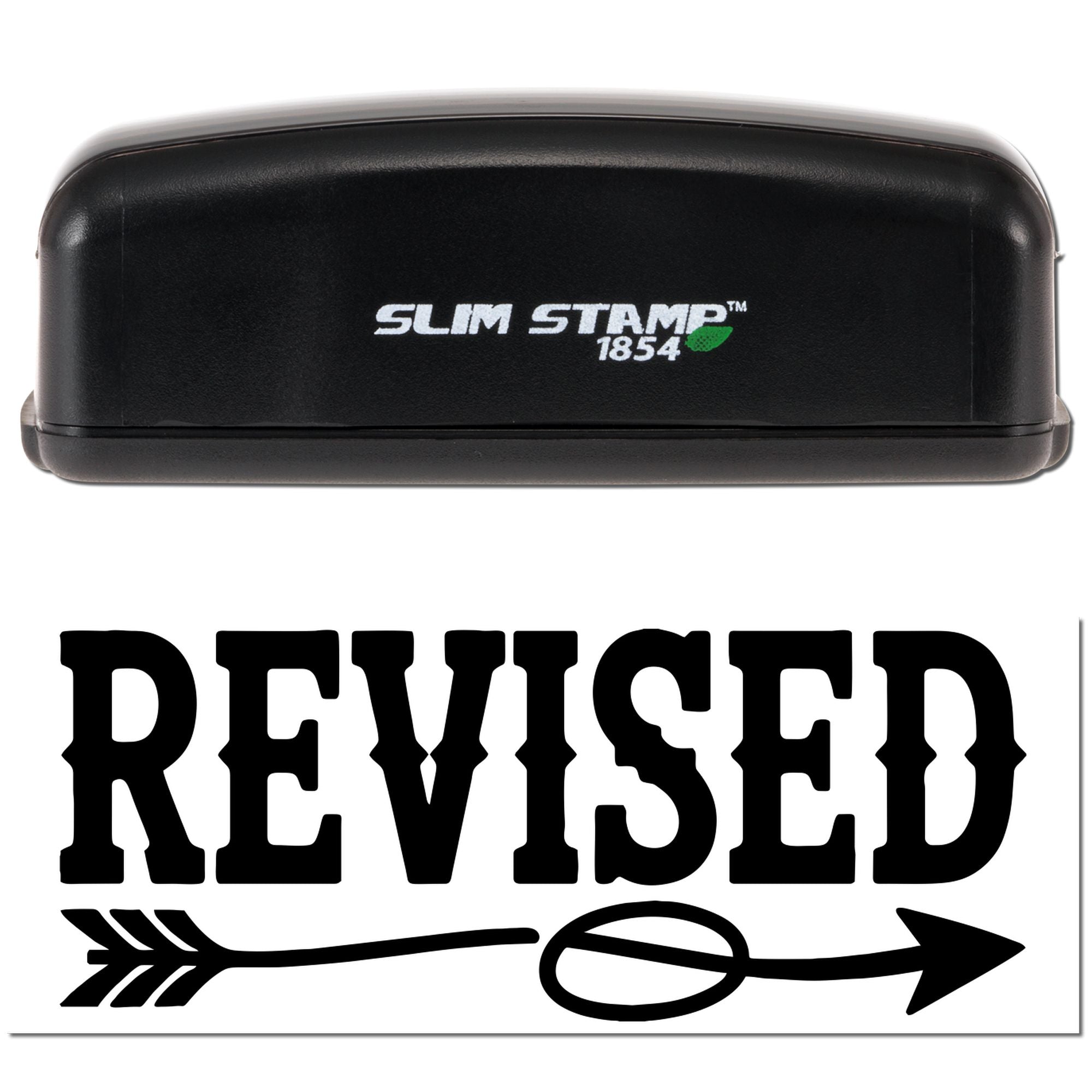 Slim Stamp 1854 self-inking rubber stamp with Revised imprint for document review, approvals, and office records.