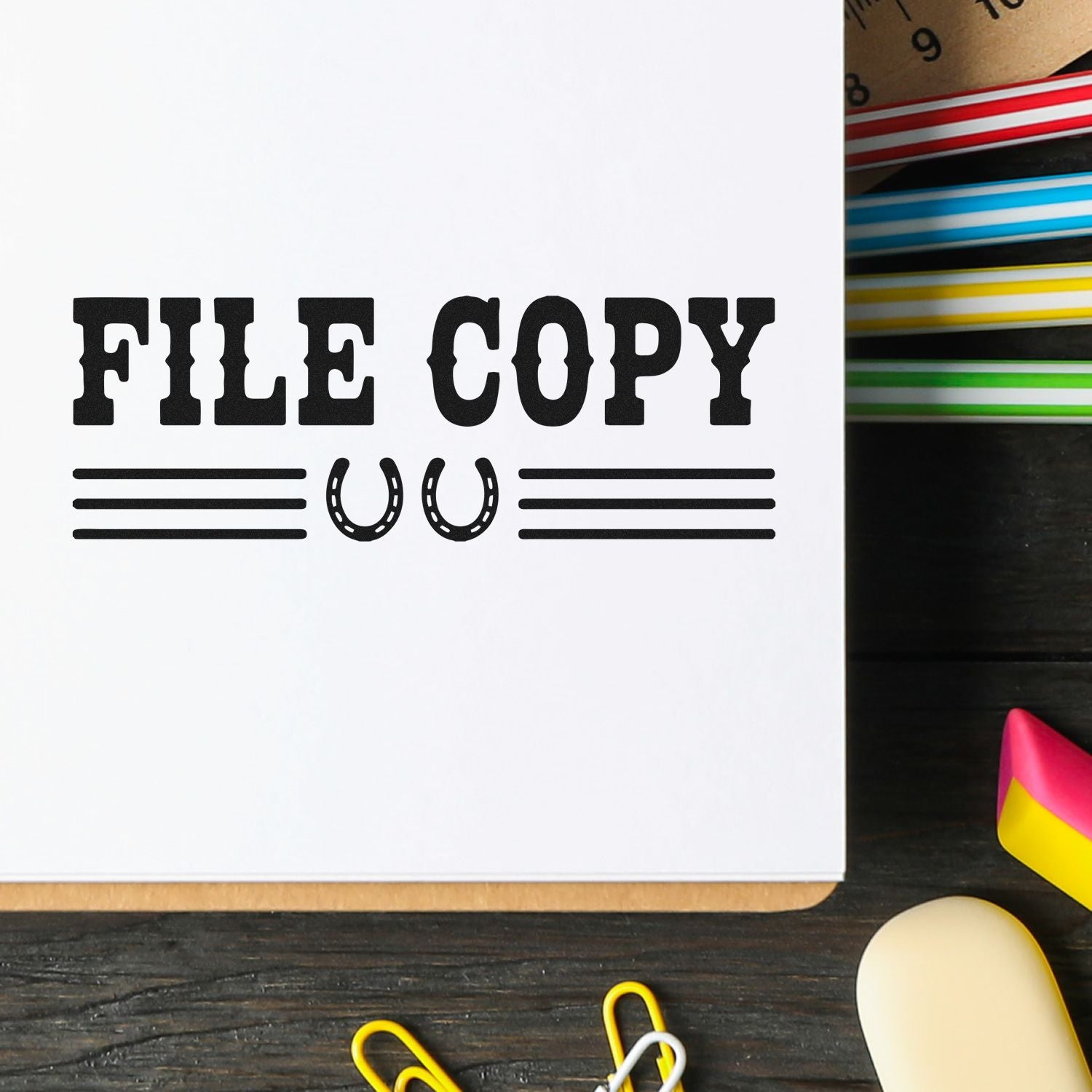 File copy rubber stamp impression on paper for office document filing and record organization.