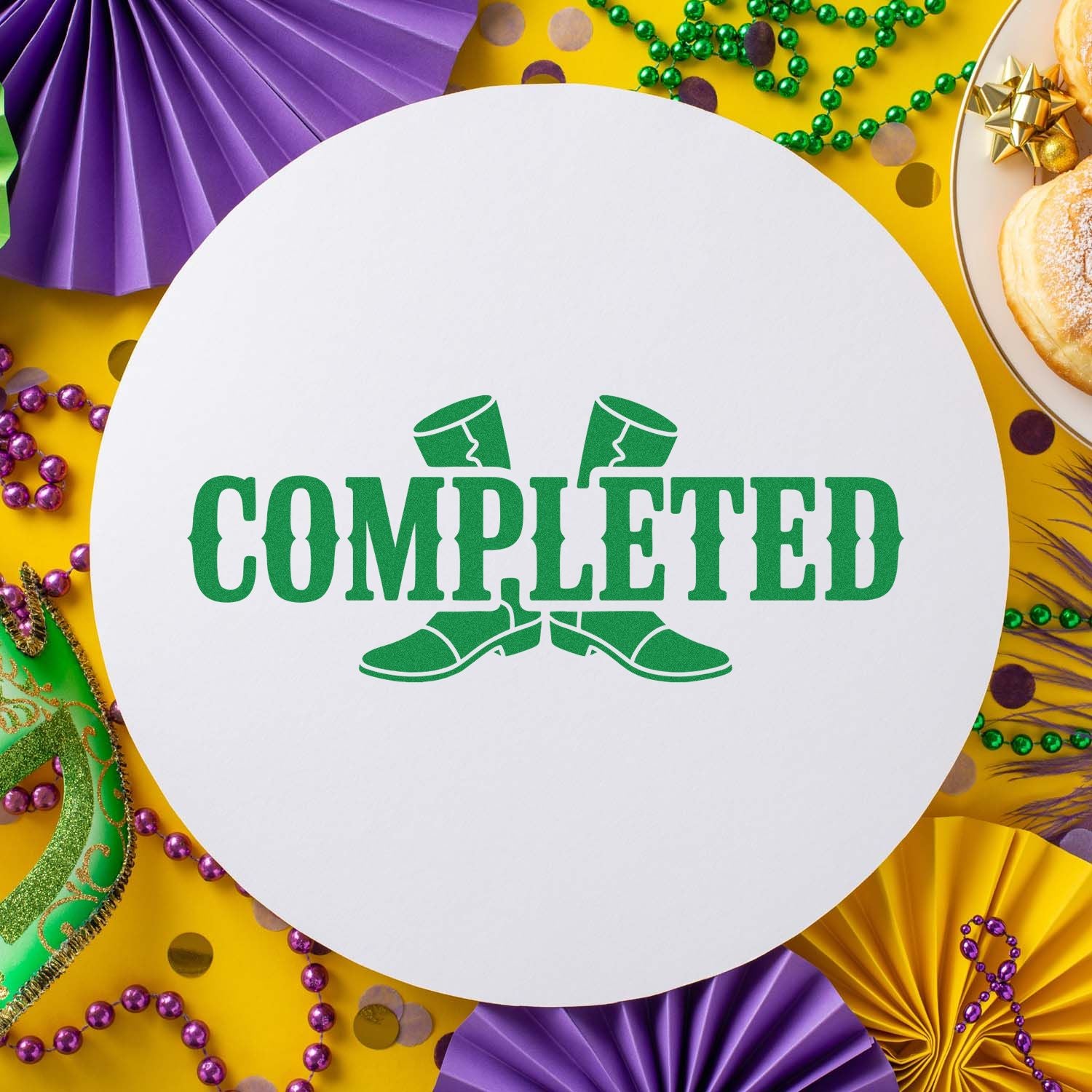 Completed rubber stamp design with Mardi Gras party theme for crafts, invitations, and event approval
