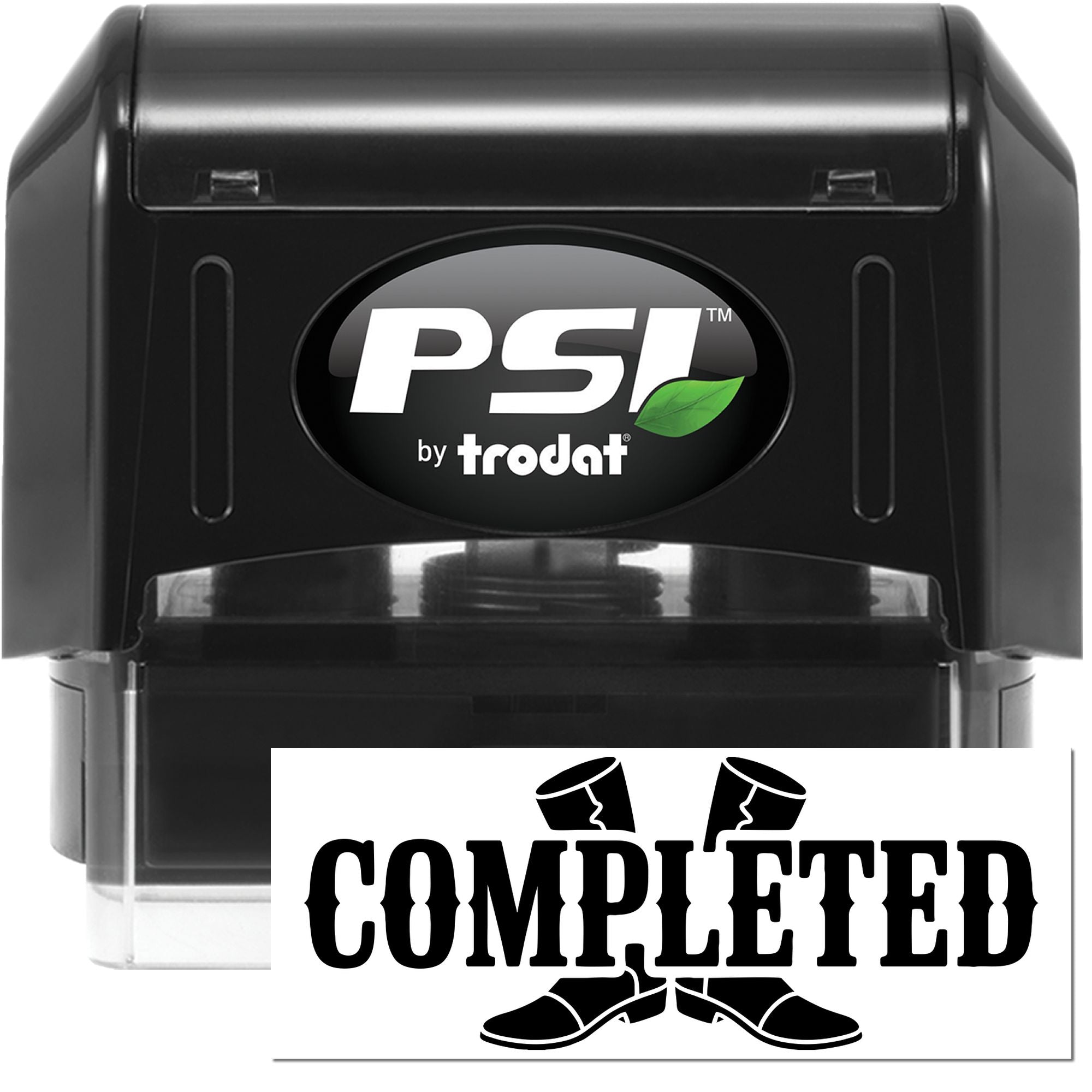 PSI by Trodat self-inking rubber stamp with Completed imprint for office paperwork.