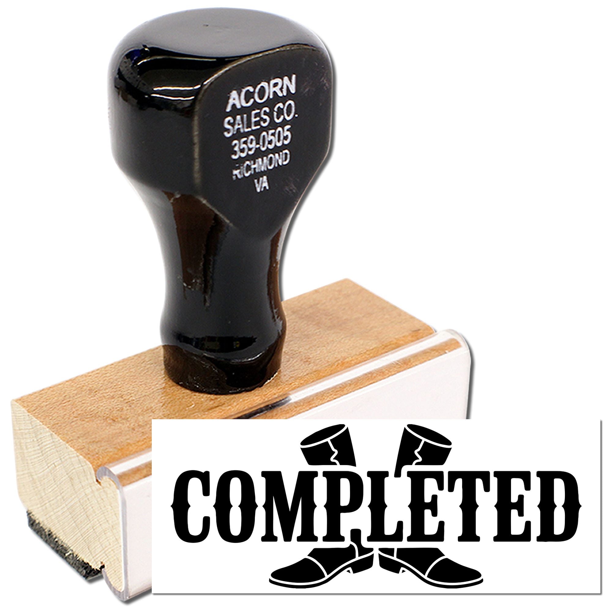 Completed rubber stamp with wooden handle for office paperwork, approval, and finished task marking.