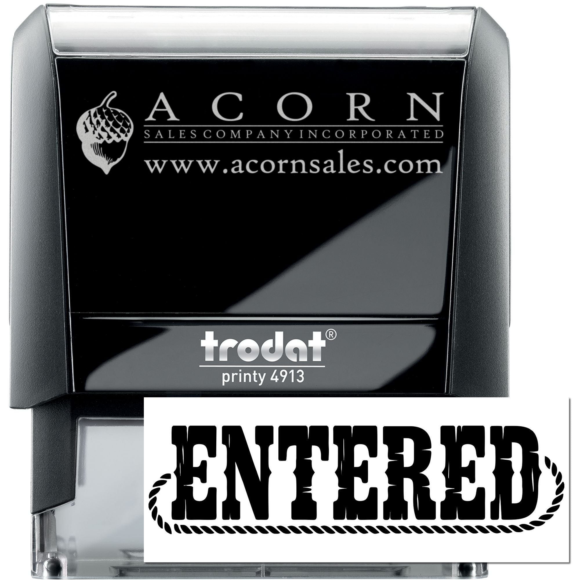 Custom self-inking rubber stamp with ENTERED imprint, Trodat Printy 4913 for business document marking.