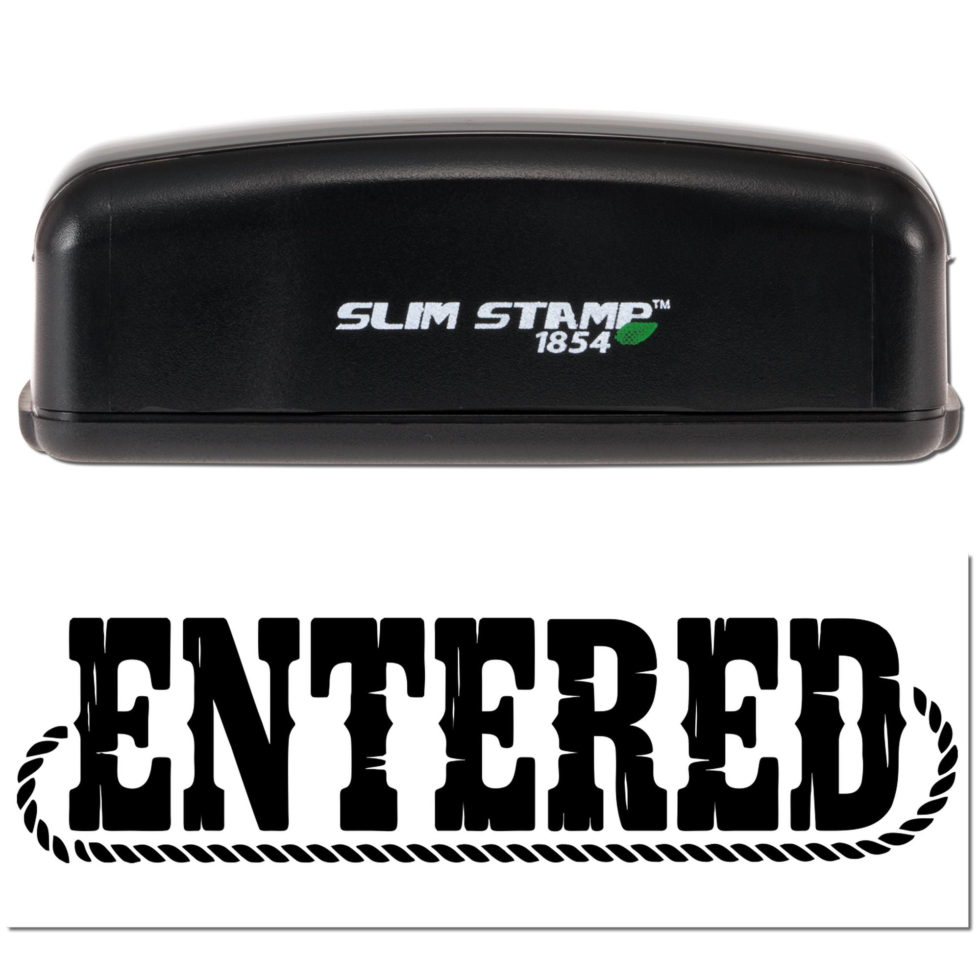 Slim Stamp 1854 self-inking rubber stamp with ENTERED imprint for office document marking.