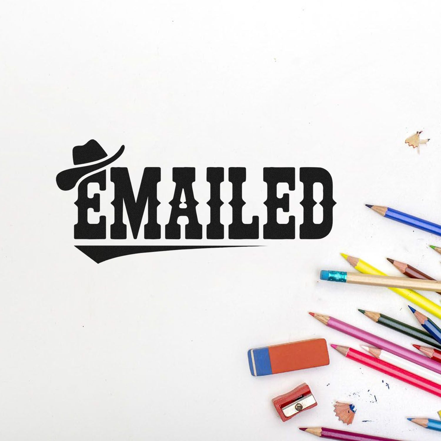 Emailed rubber stamp design for office documents, marking forms as sent with a western hat icon.