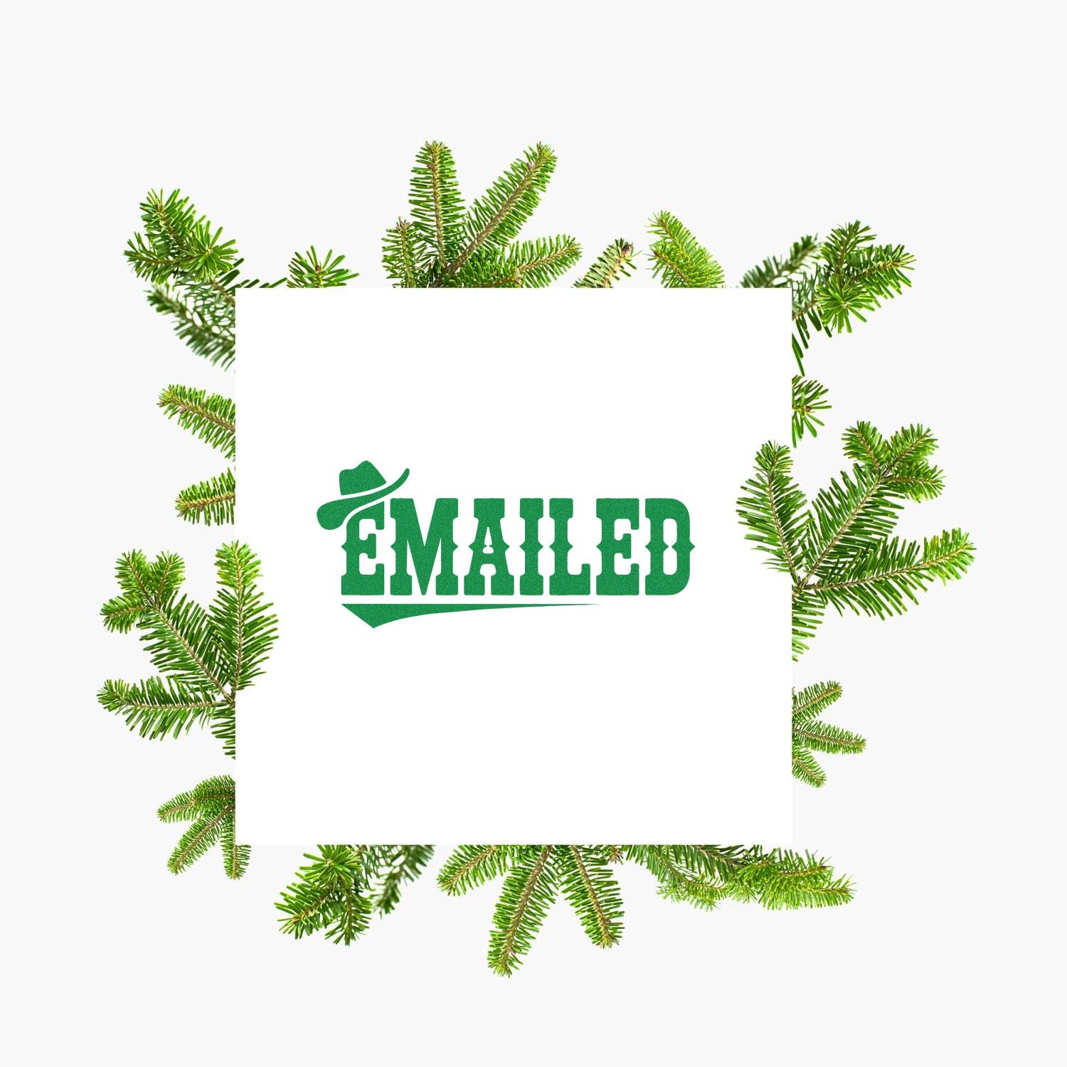 Green Emailed rubber stamp design with western hat, framed by pine branches for holiday mail and office use.