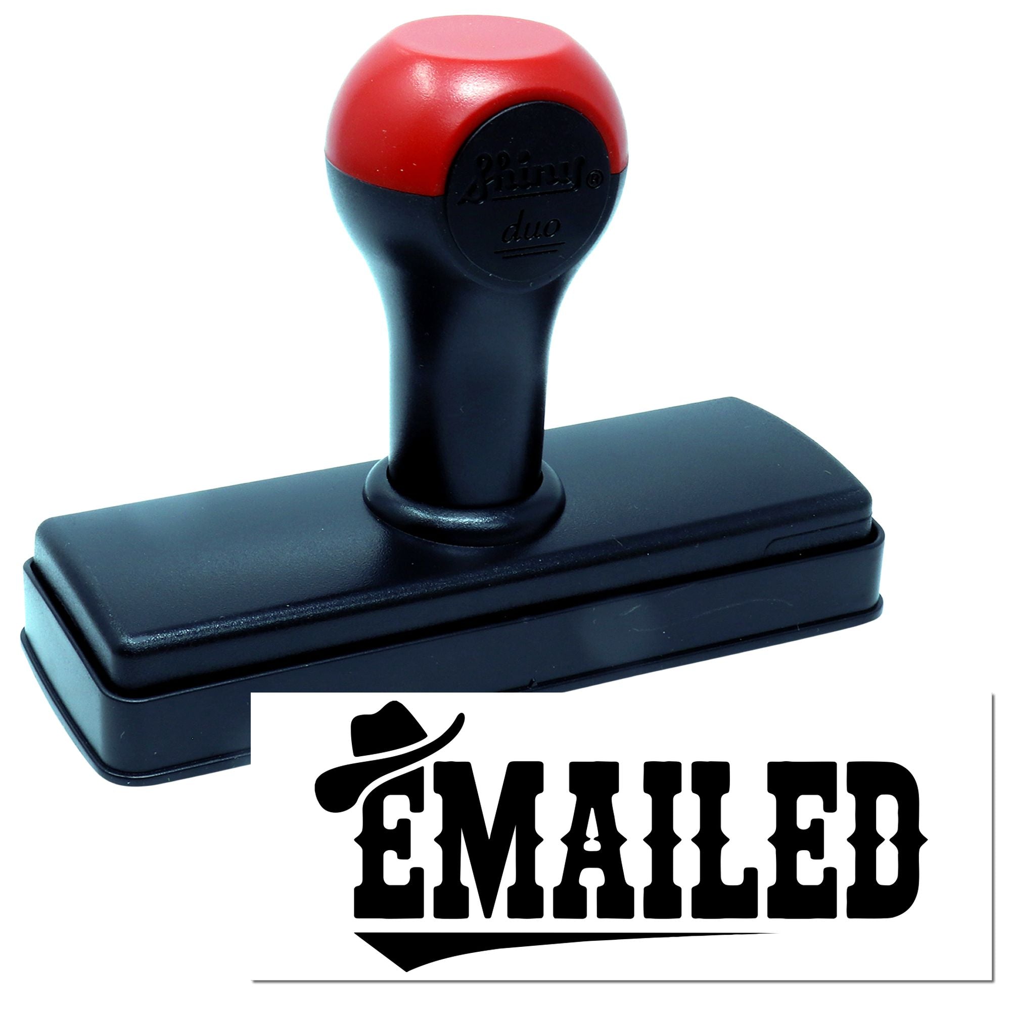 Self-inking rubber stamp with "EMAILED" imprint for office mail processing, document tracking, and business workflow.