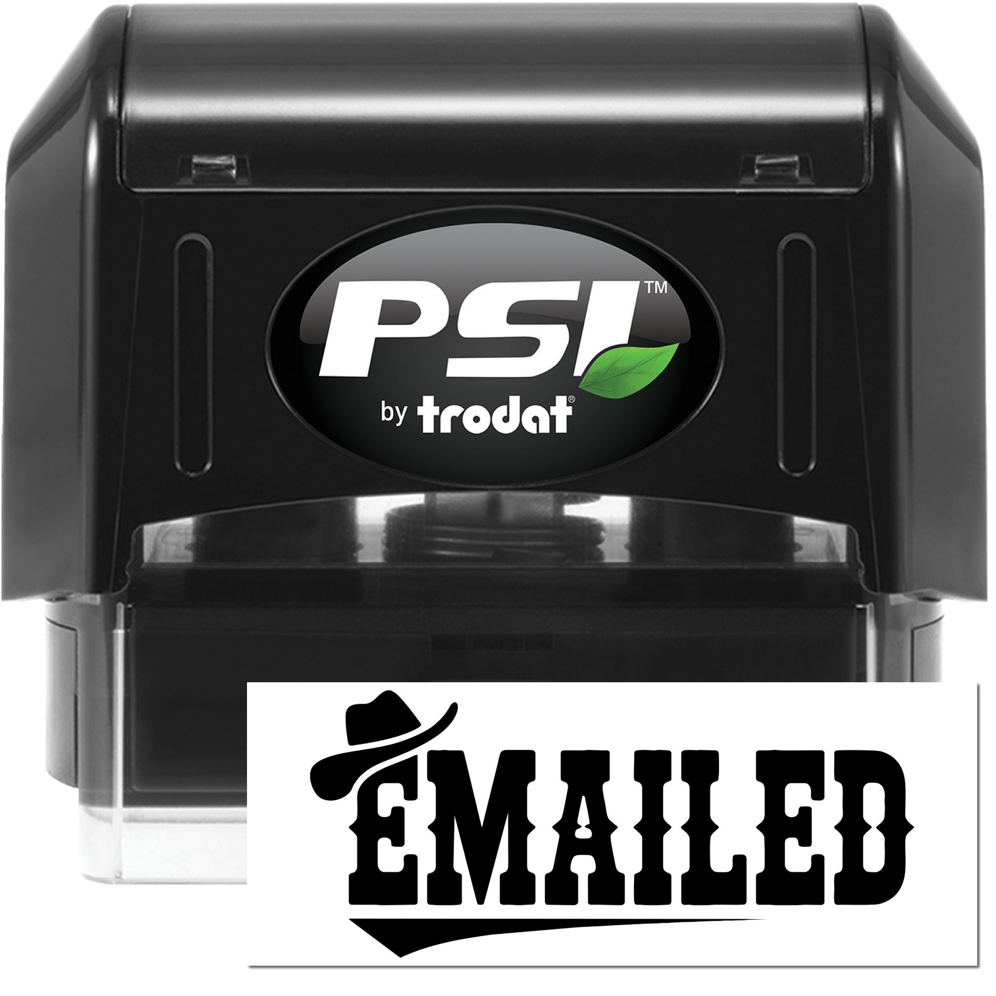 PSI by Trodat self-inking rubber stamp with Emailed imprint for office document processing.