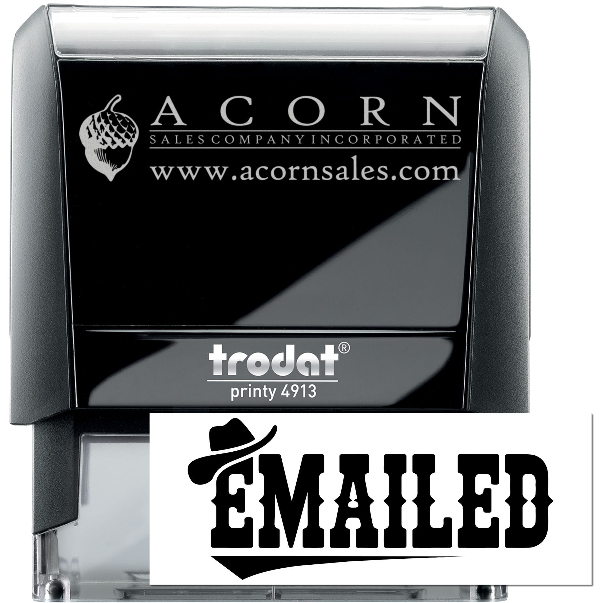 Trodat Printy 4913 self-inking rubber stamp with custom Acorn Sales logo and EMAILED imprint for office mail processing.