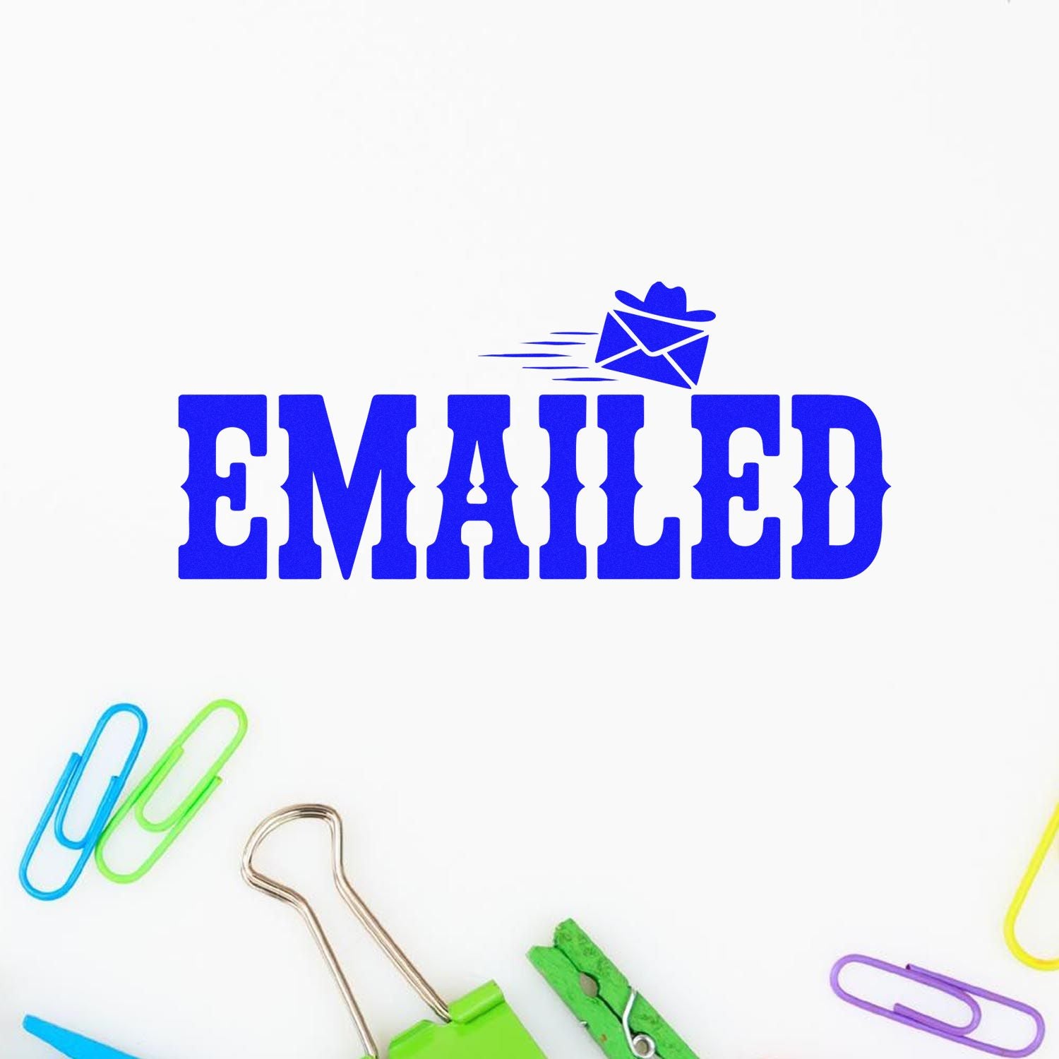 Blue Emailed rubber stamp design with envelope icon, ideal for office mail processing and custom business stamps.