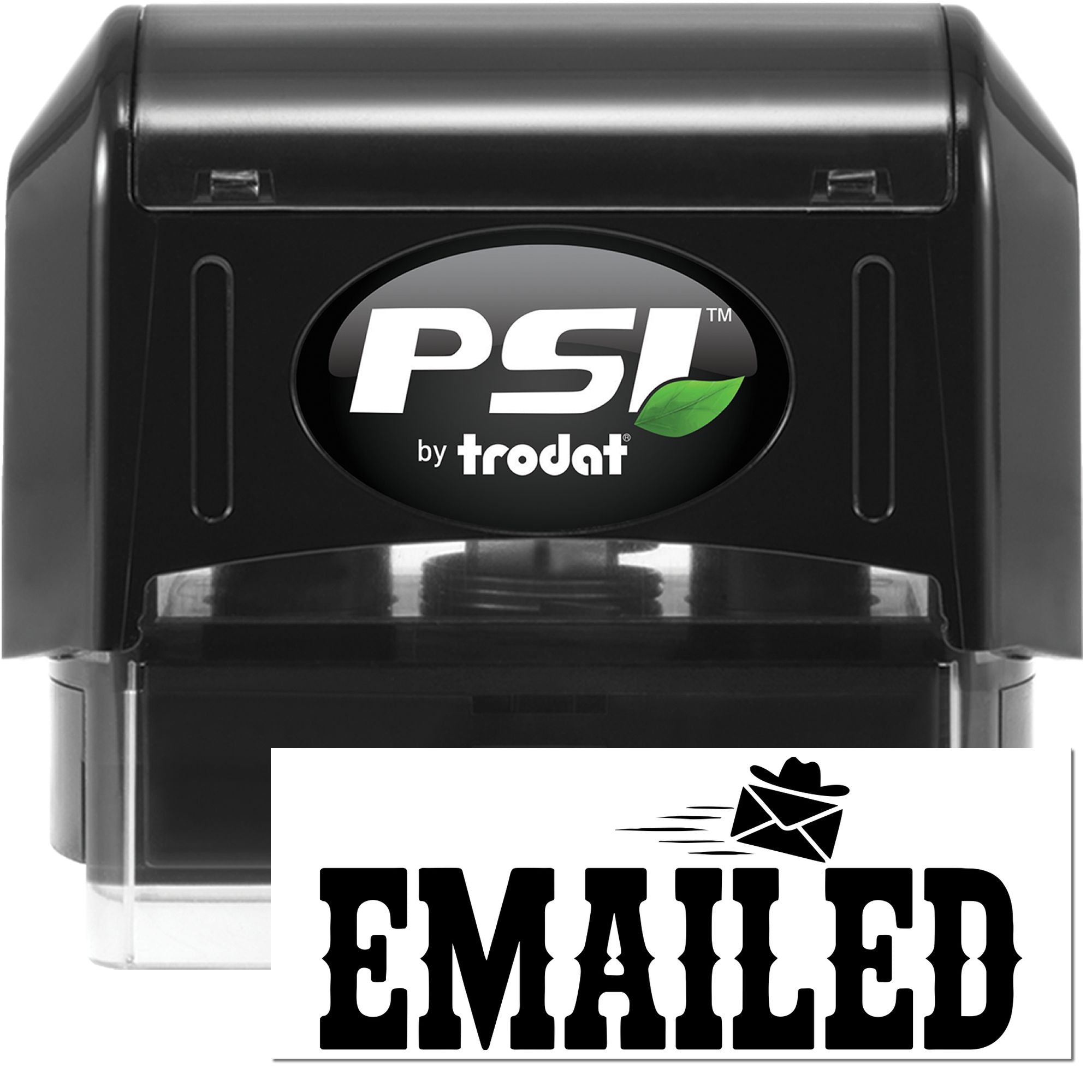PSI by Trodat self-inking rubber stamp with EMAILED imprint for office mail processing and document approval.