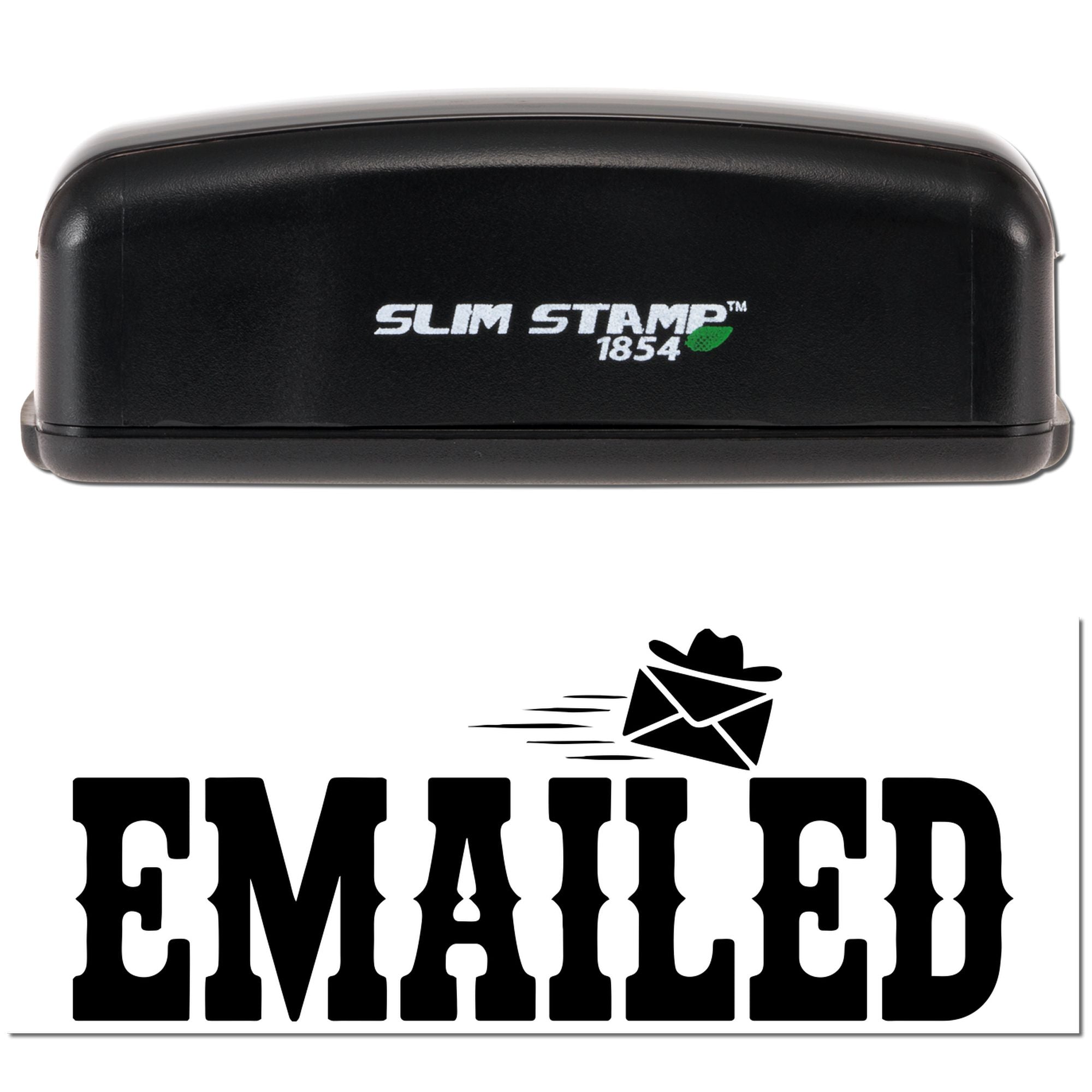 Slim Stamp 1854 self-inking rubber stamp with EMAILED imprint and envelope icon for office mail processing.