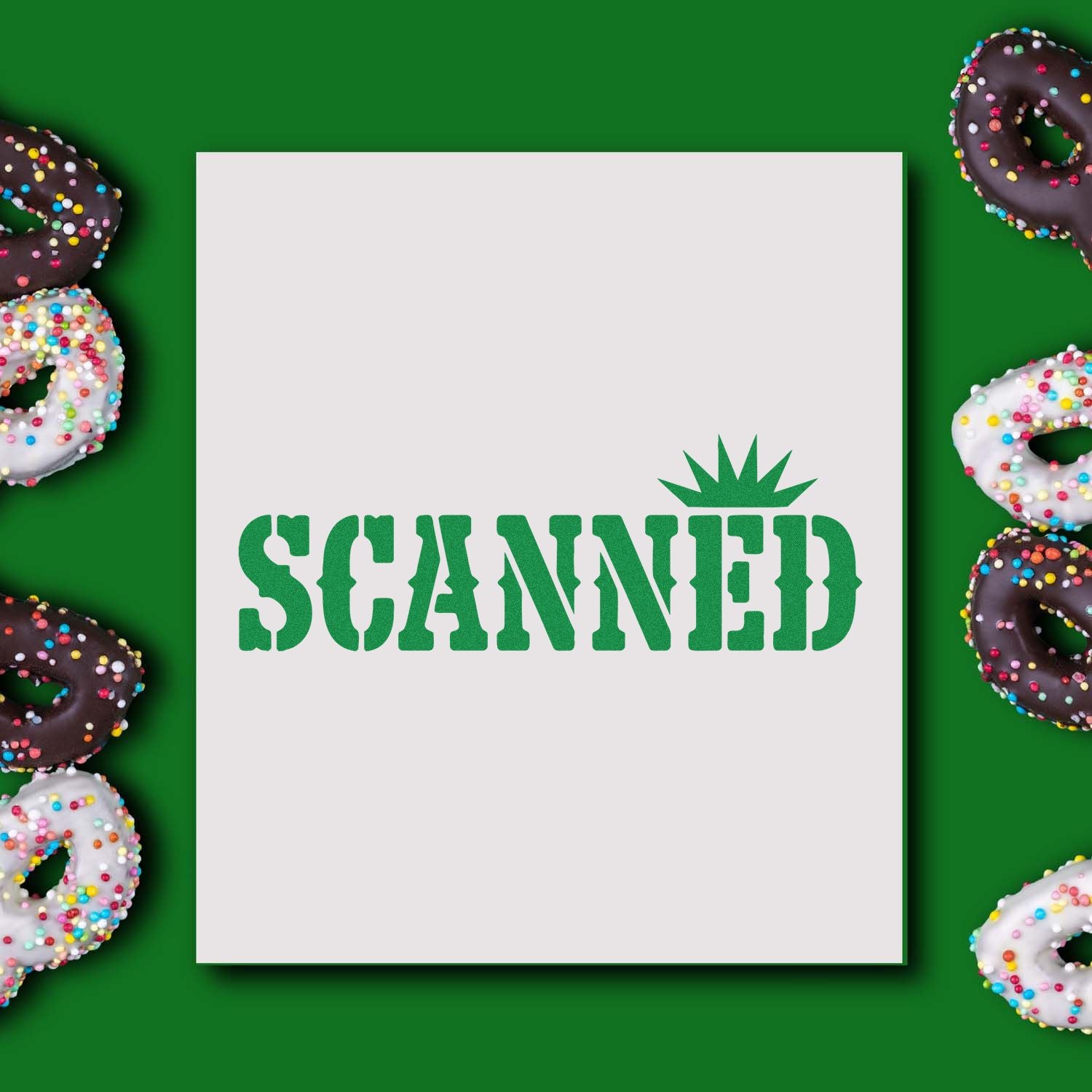 Green Scanned rubber stamp design on white card, framed by colorful sprinkled donuts on a green background.