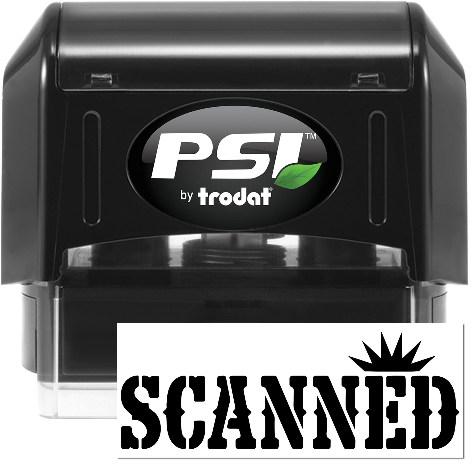 PSI by Trodat self-inking rubber stamp with SCANNED imprint for office document processing.