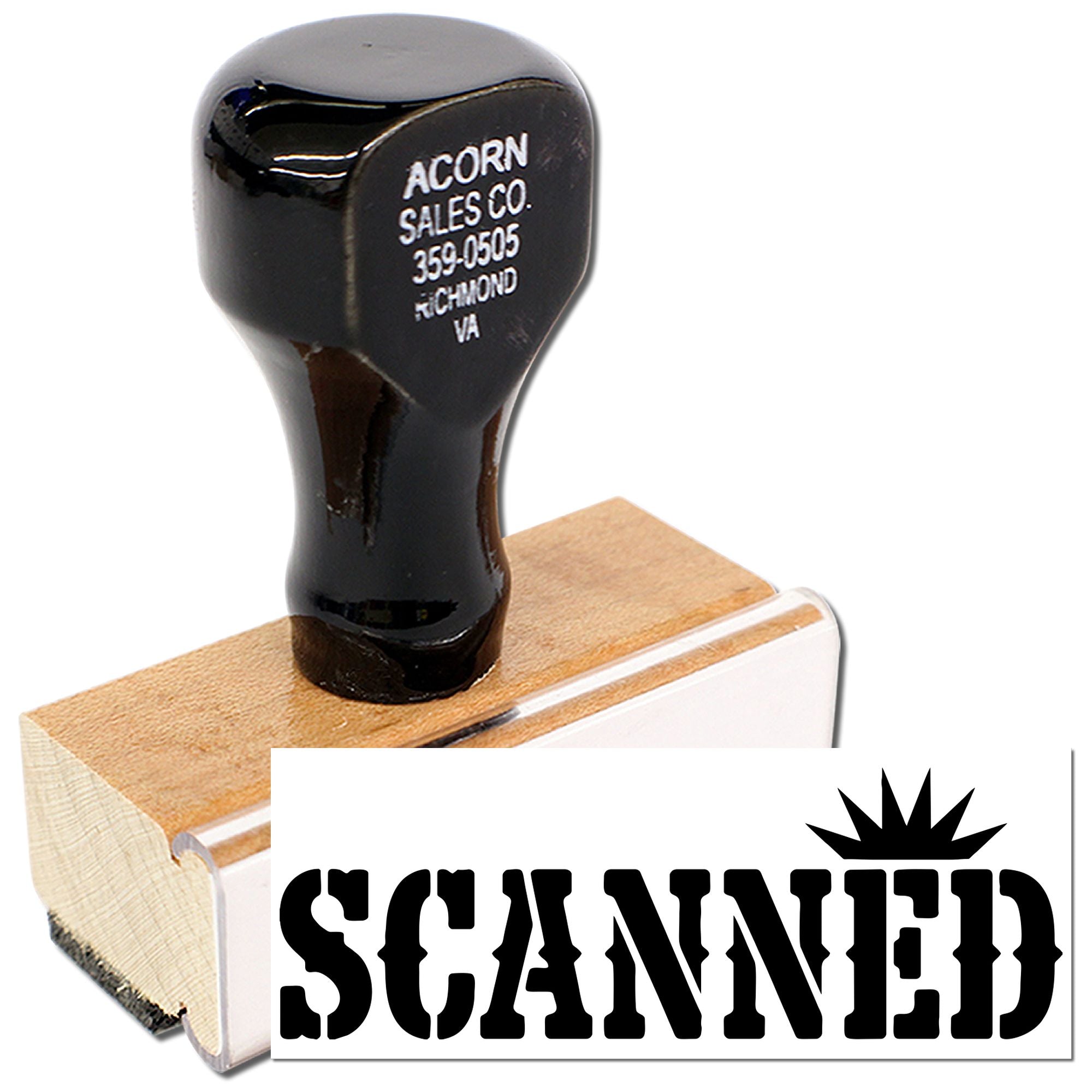 SCANNED rubber stamp with wooden handle for marking office documents and file processing.