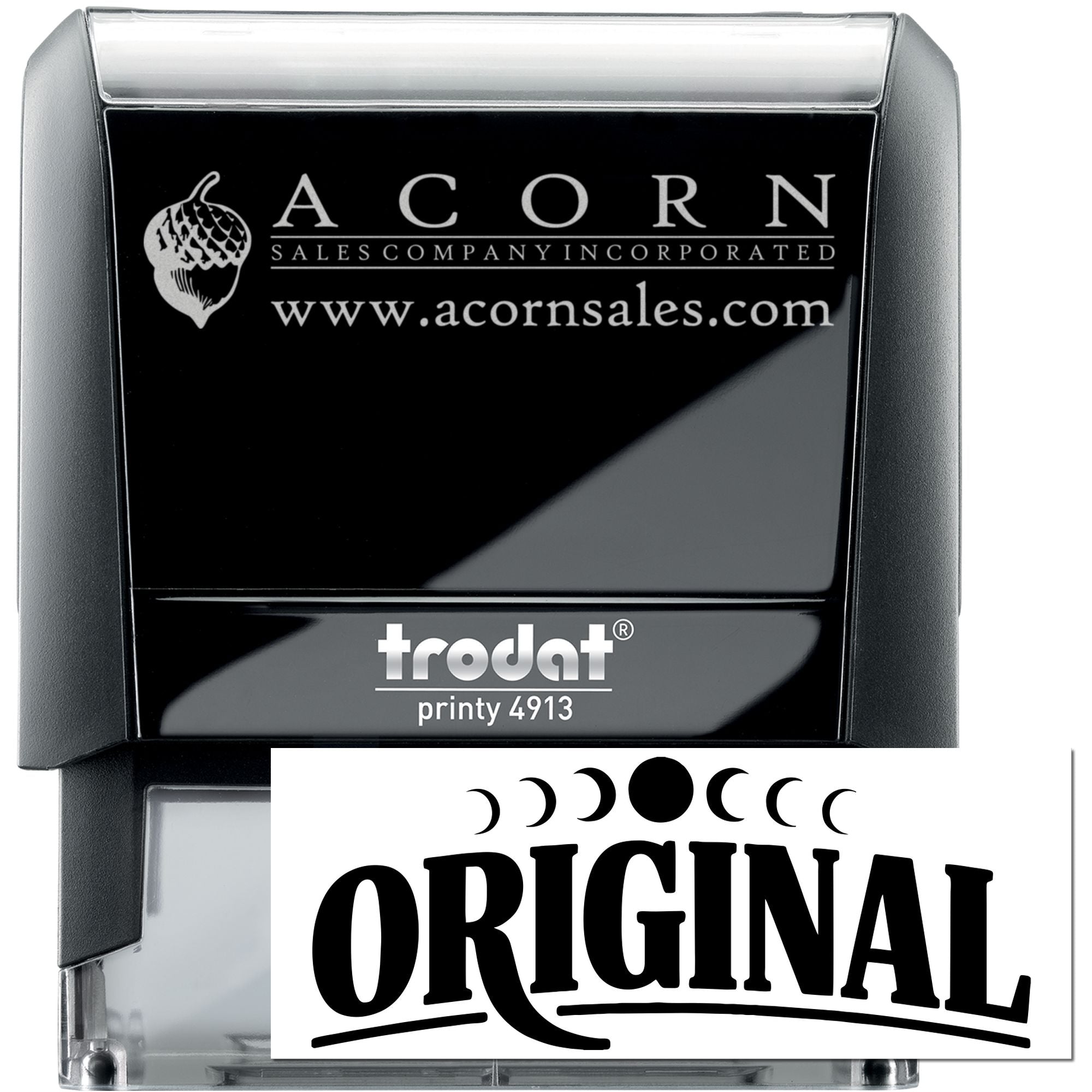 Custom Trodat Printy 4913 self-inking rubber stamp featuring Acorn Sales Company logo and website imprint.