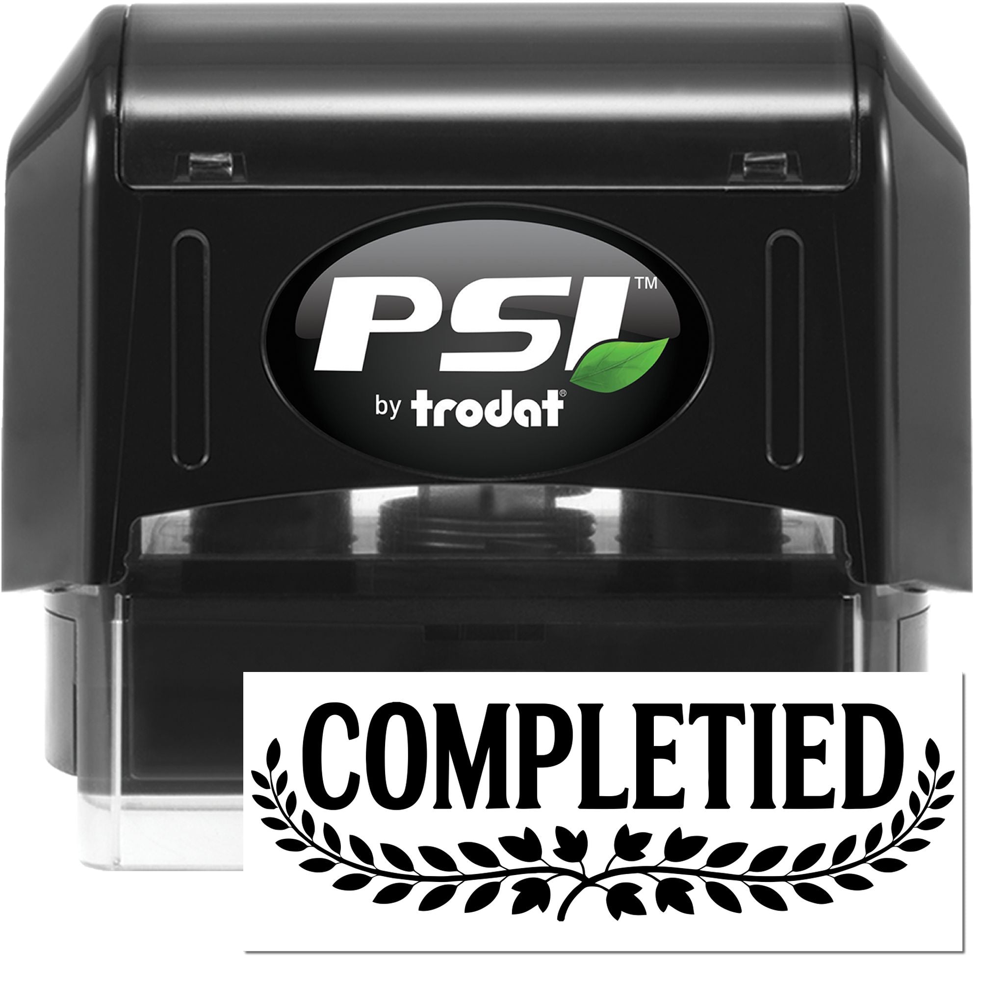 PSI by Trodat self-inking rubber stamp with Completed imprint for office documents, approvals, and workflow tracking.