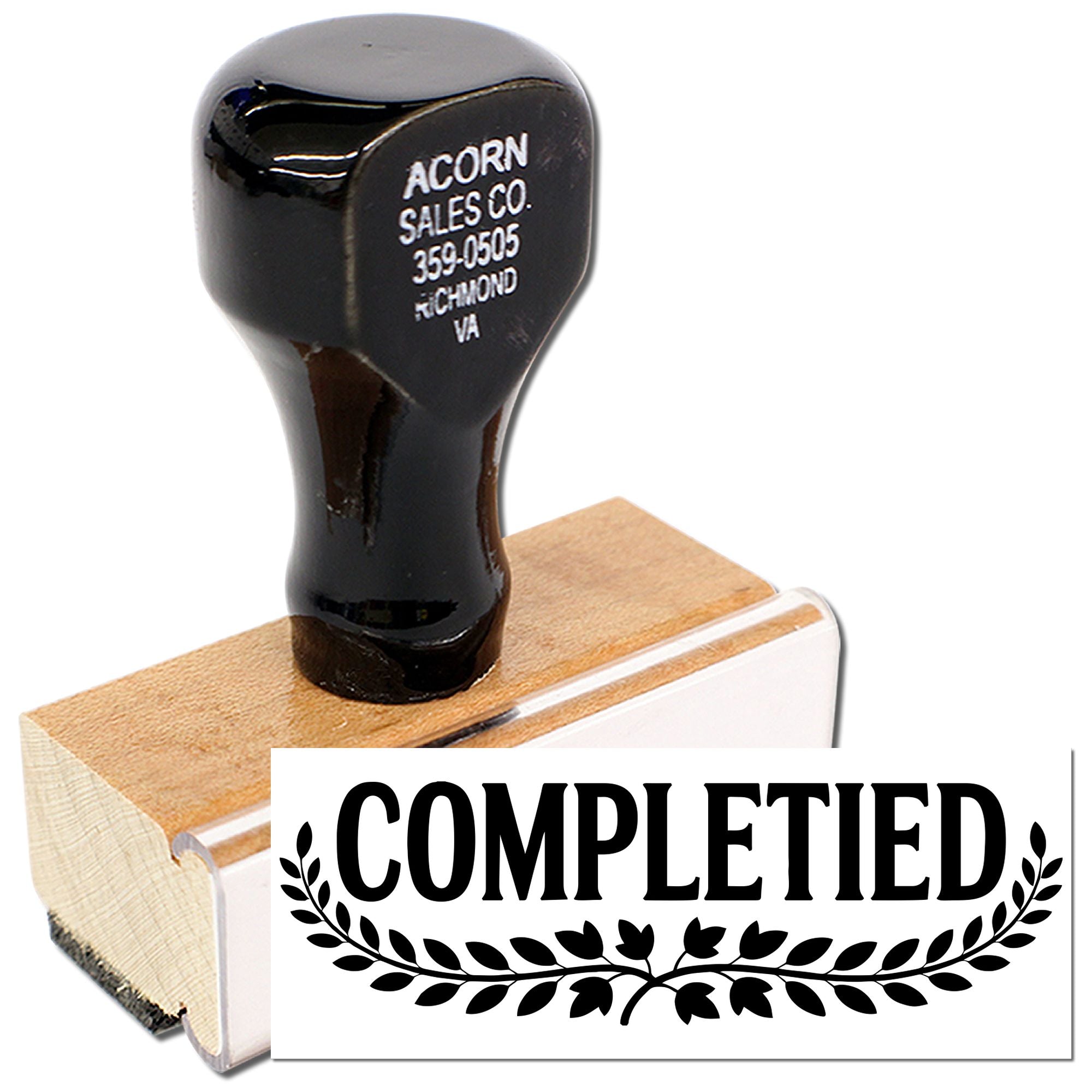 Completed rubber stamp for marking finished documents, invoices, or paperwork with a decorative laurel design.
