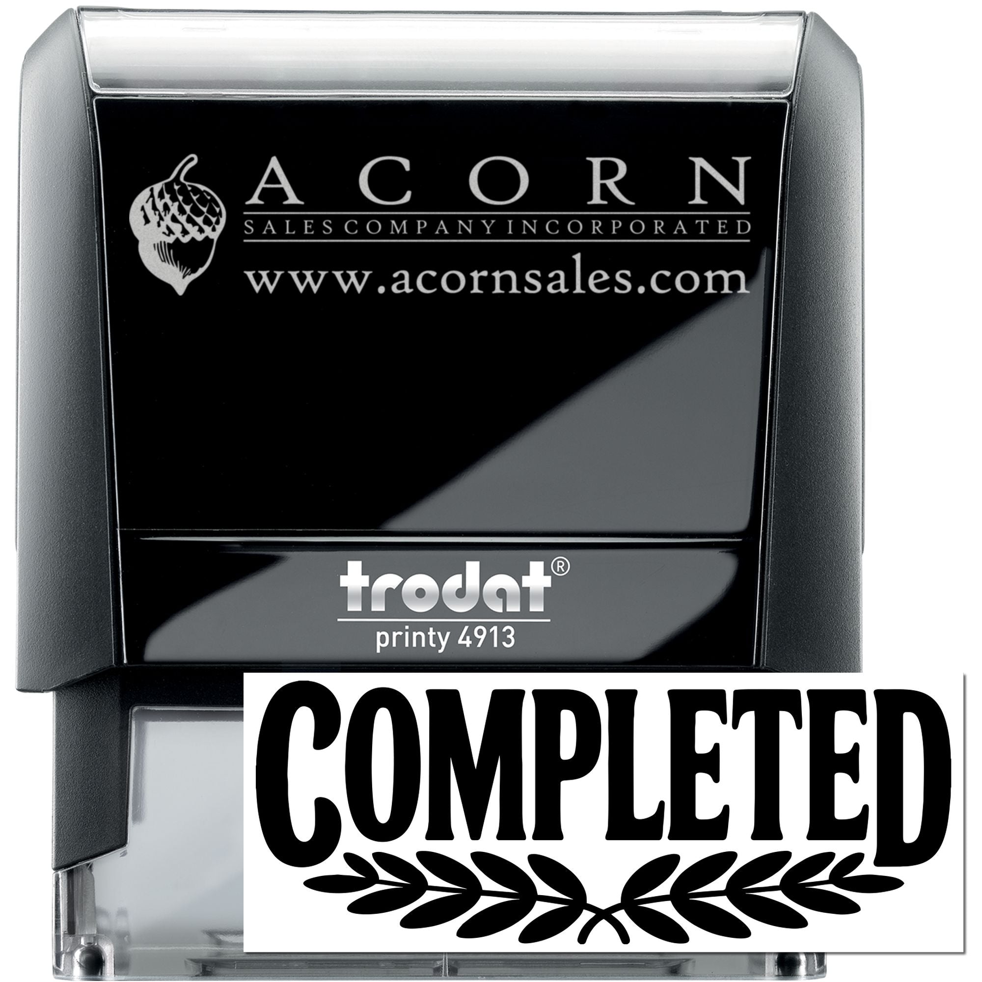 Custom self-inking rubber stamp with Acorn Sales Company logo and Completed imprint for business approval marking.
