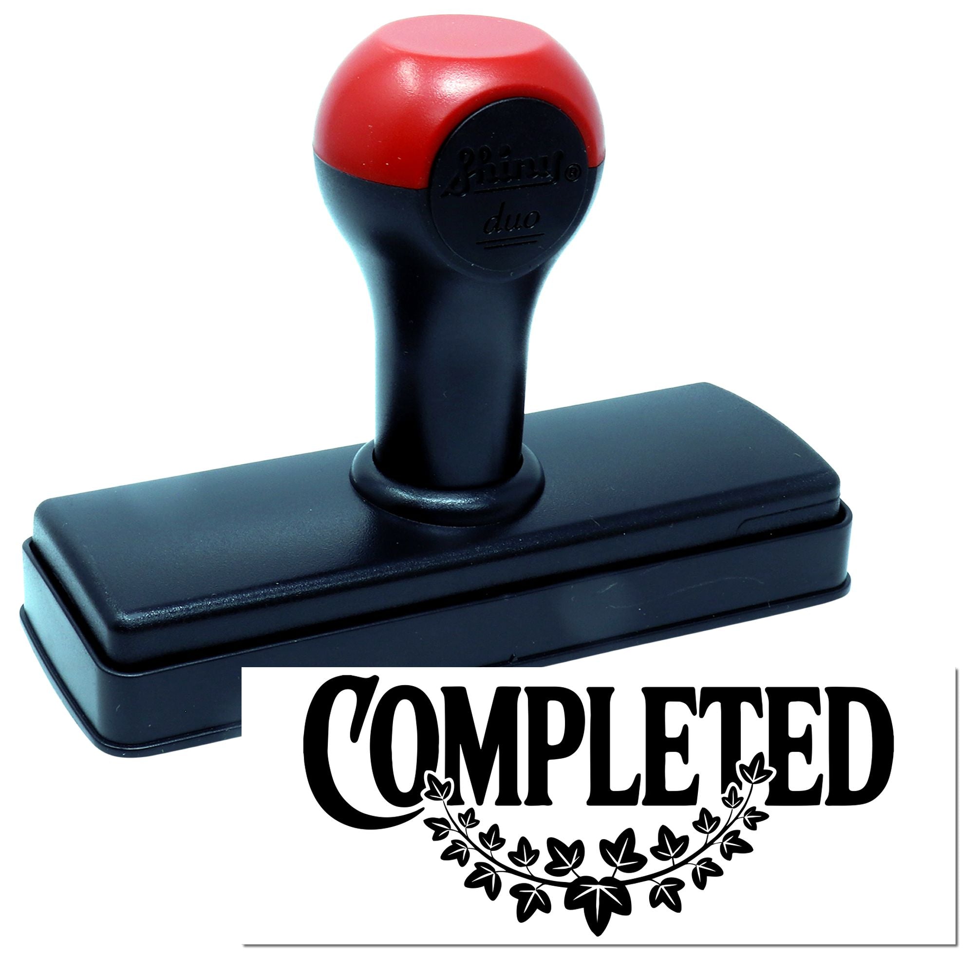 Custom self-inking rubber stamp with completed word imprint and leaf design for office and business use