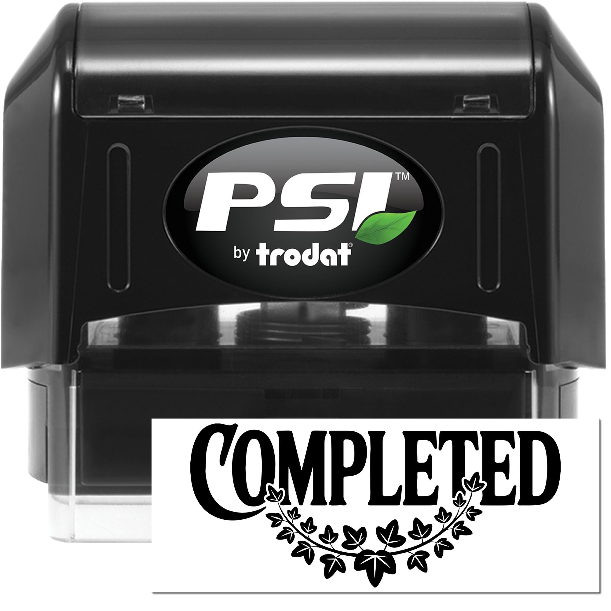 PSI by Trodat self-inking rubber stamp with Completed imprint for office paperwork, document approval, and filing.